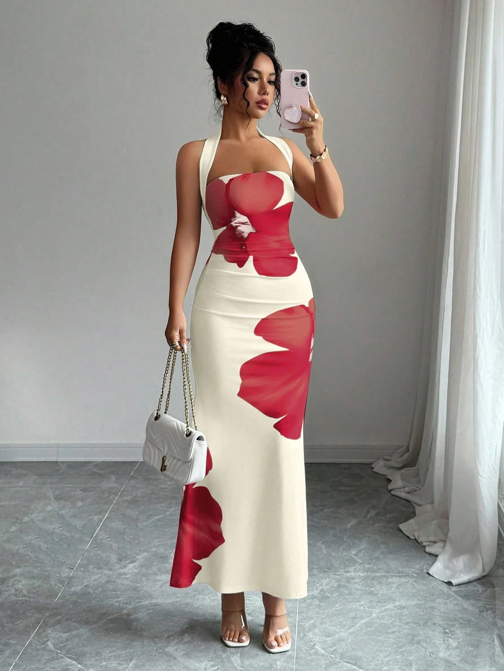 Elenzga Women's 2025 Summer Halter Tie Waist Slim Fit Printed Mid-Length Dress