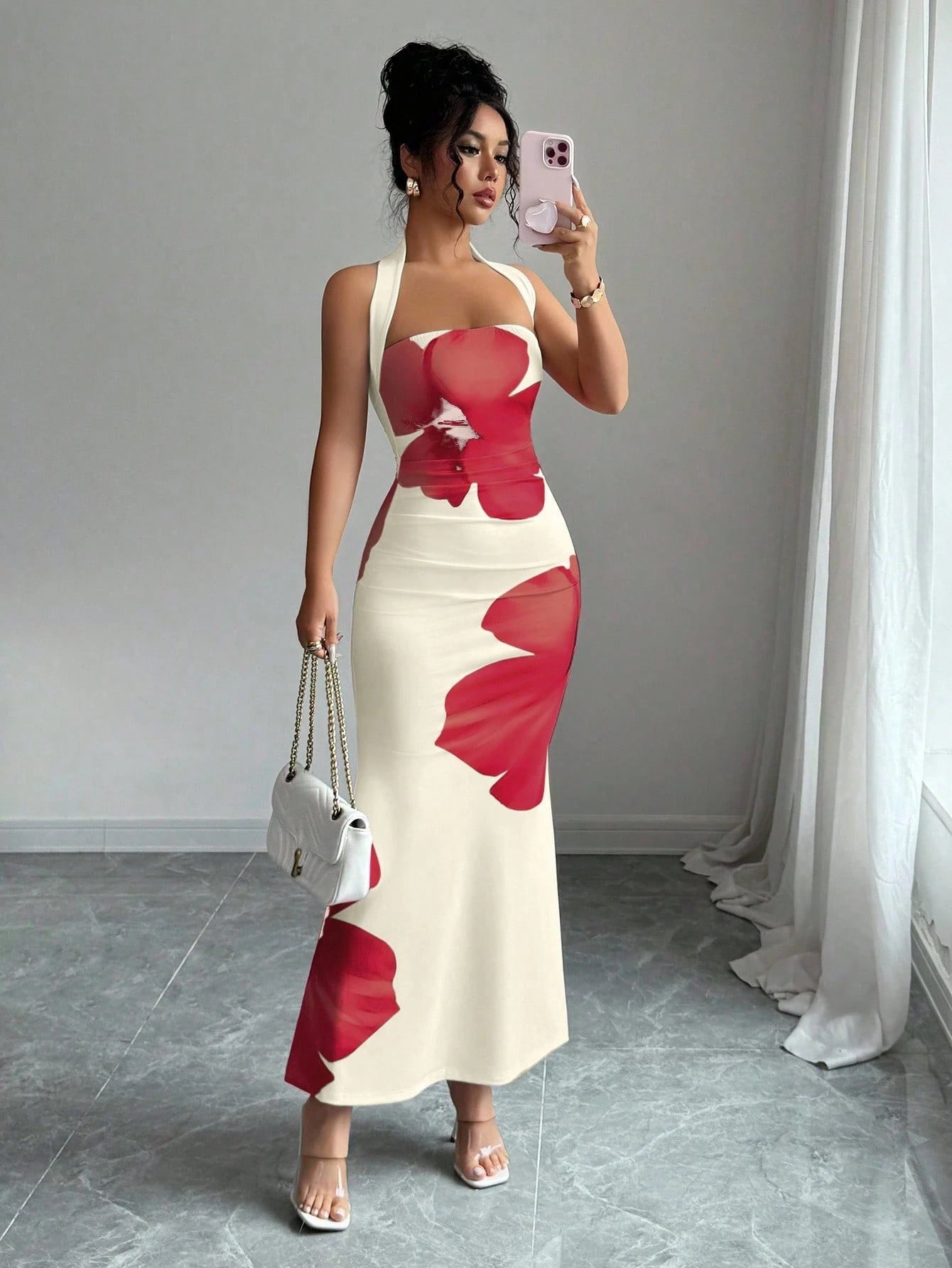 Elenzga Women's 2025 Summer Halter Tie Waist Slim Fit Printed Mid-Length Dress - image 3