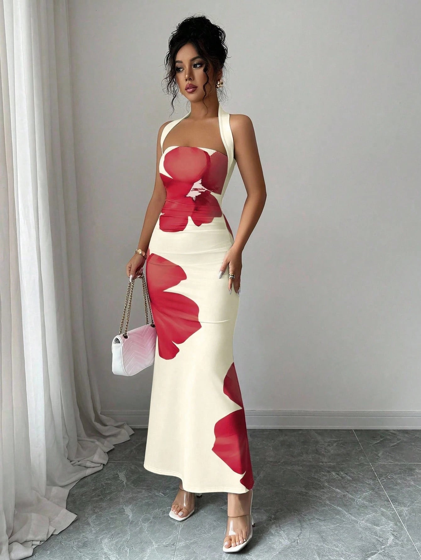 Elenzga Women's 2025 Summer Halter Tie Waist Slim Fit Printed Mid-Length Dress - image 5