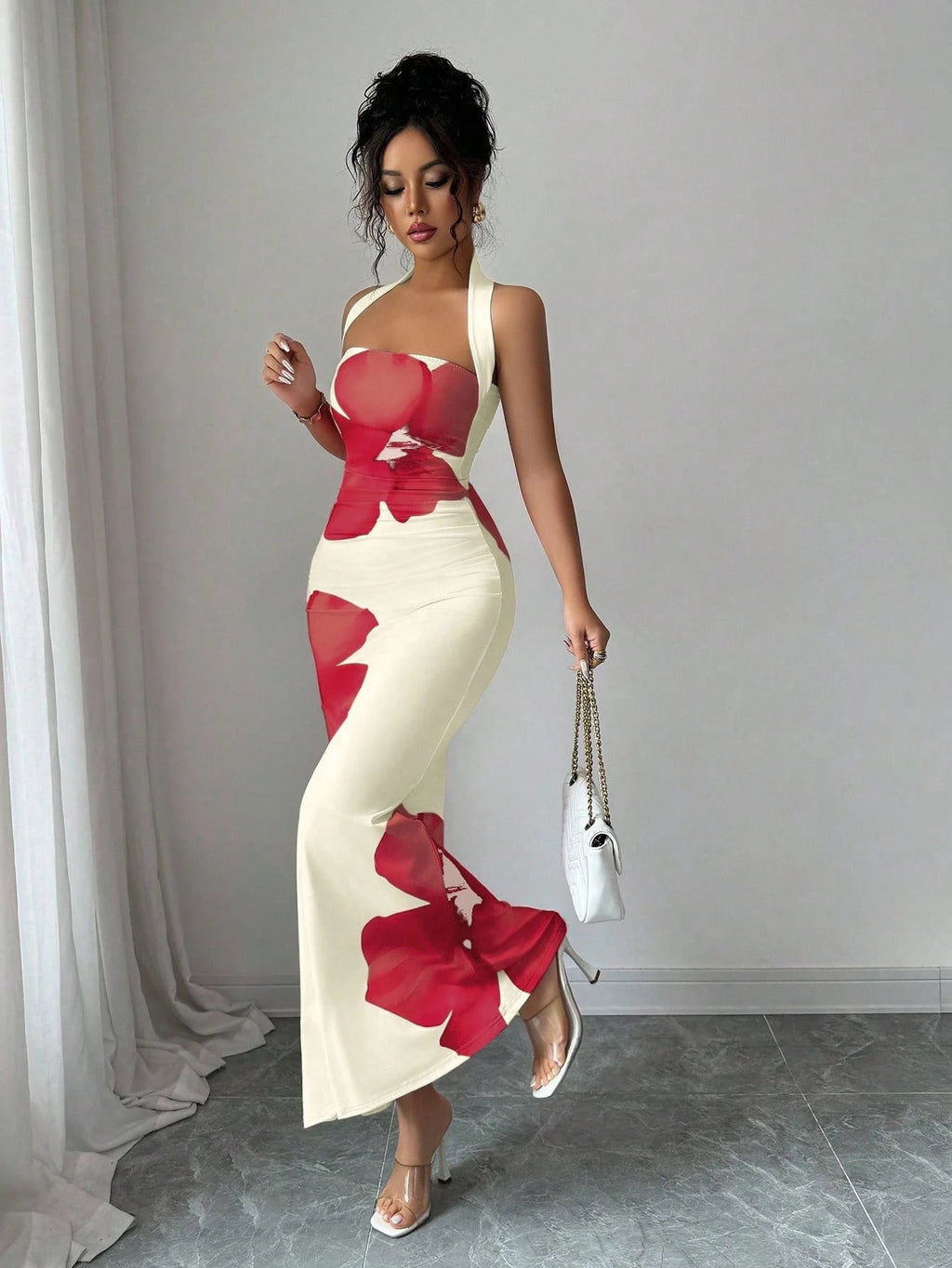 Elenzga Women's 2025 Summer Halter Tie Waist Slim Fit Printed Mid-Length Dress - image 6