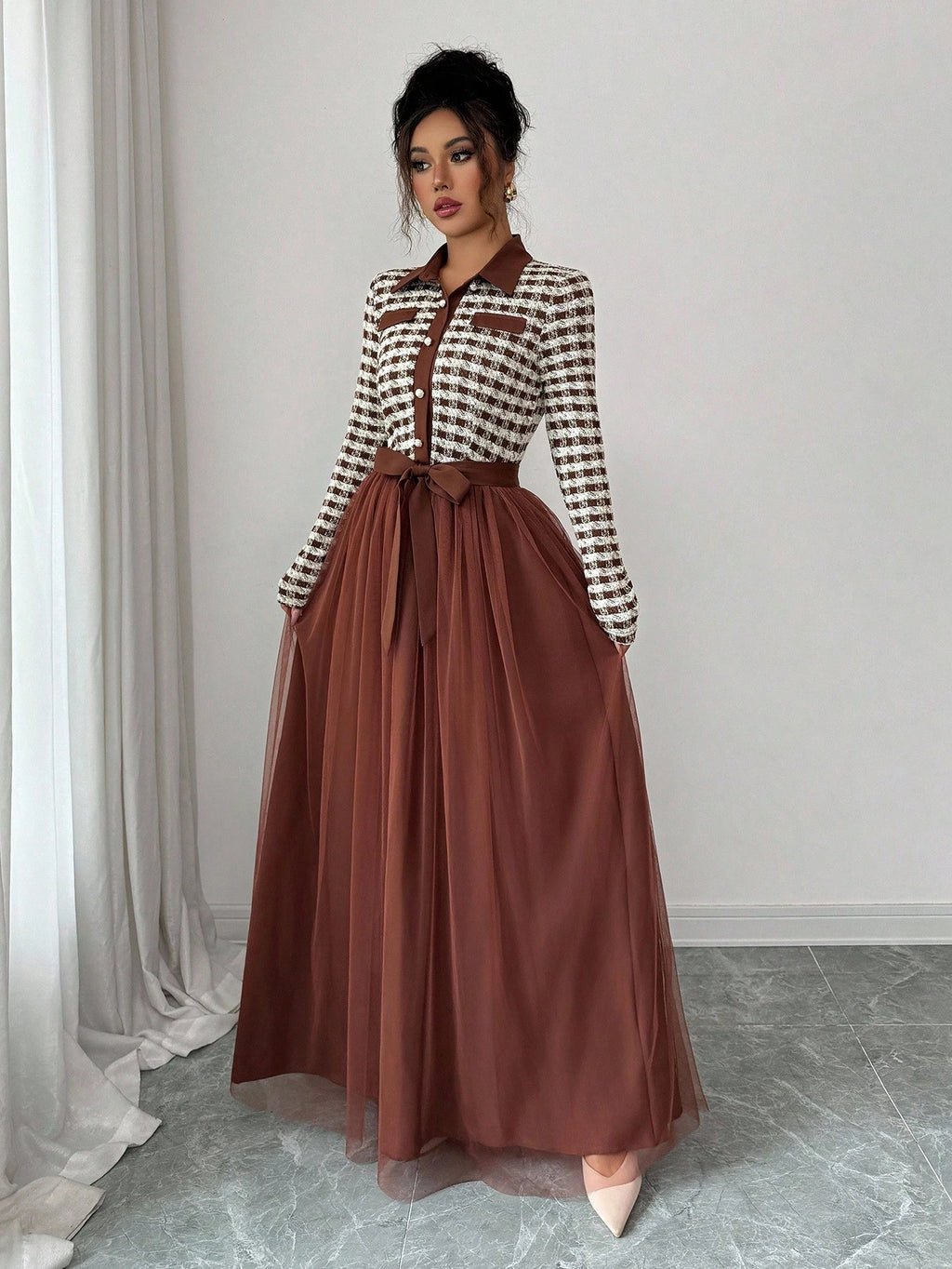 Elenzga Elegant Romantic Contrast Mesh Fabric A-Line Long Sleeve