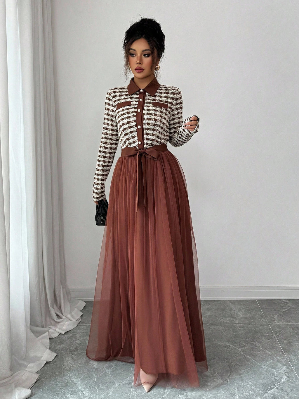 Elenzga Elegant Romantic Contrast Mesh Fabric A-Line Long Sleeve