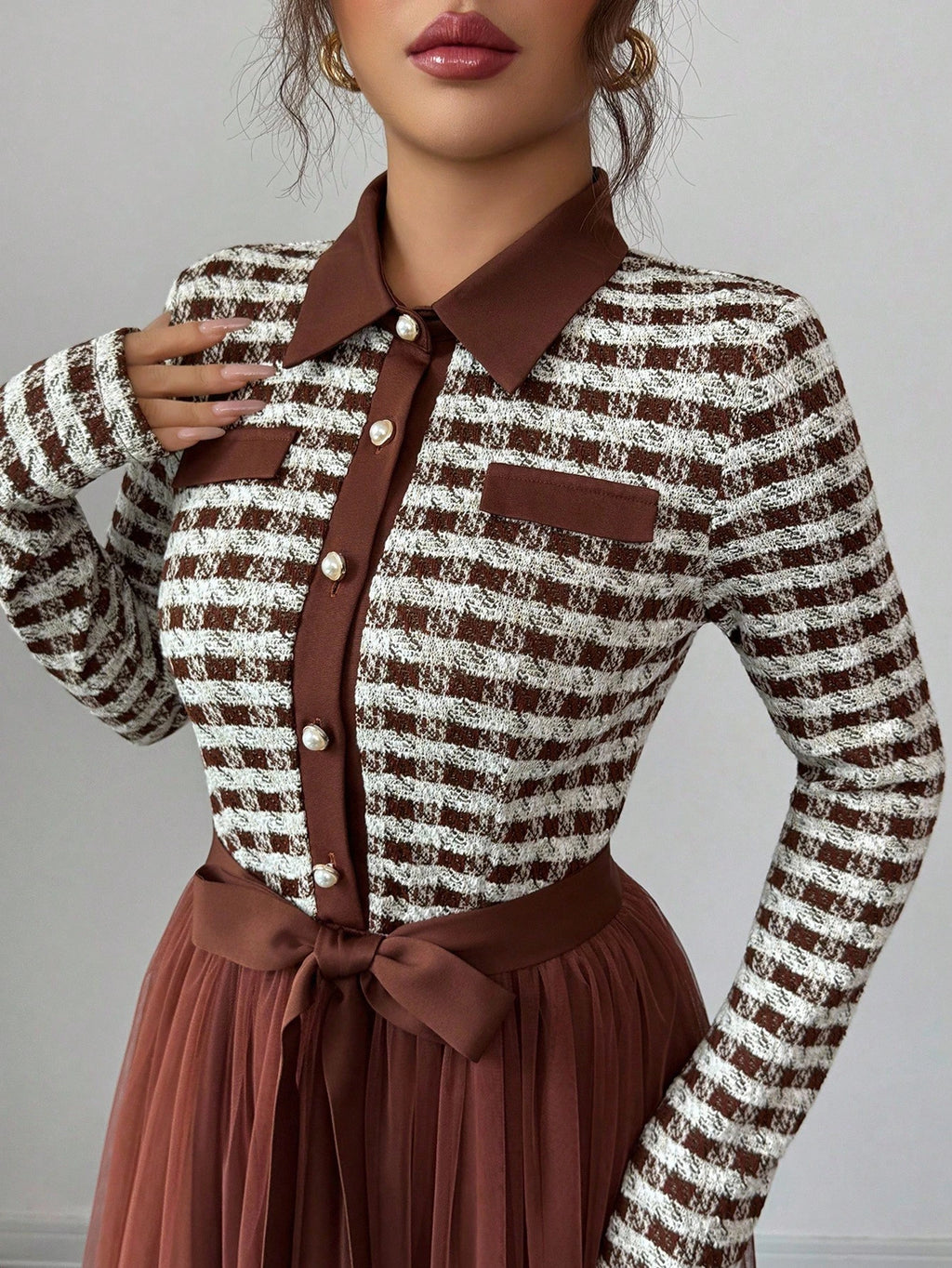 Elenzga Elegant Romantic Contrast Mesh Fabric A-Line Long Sleeve