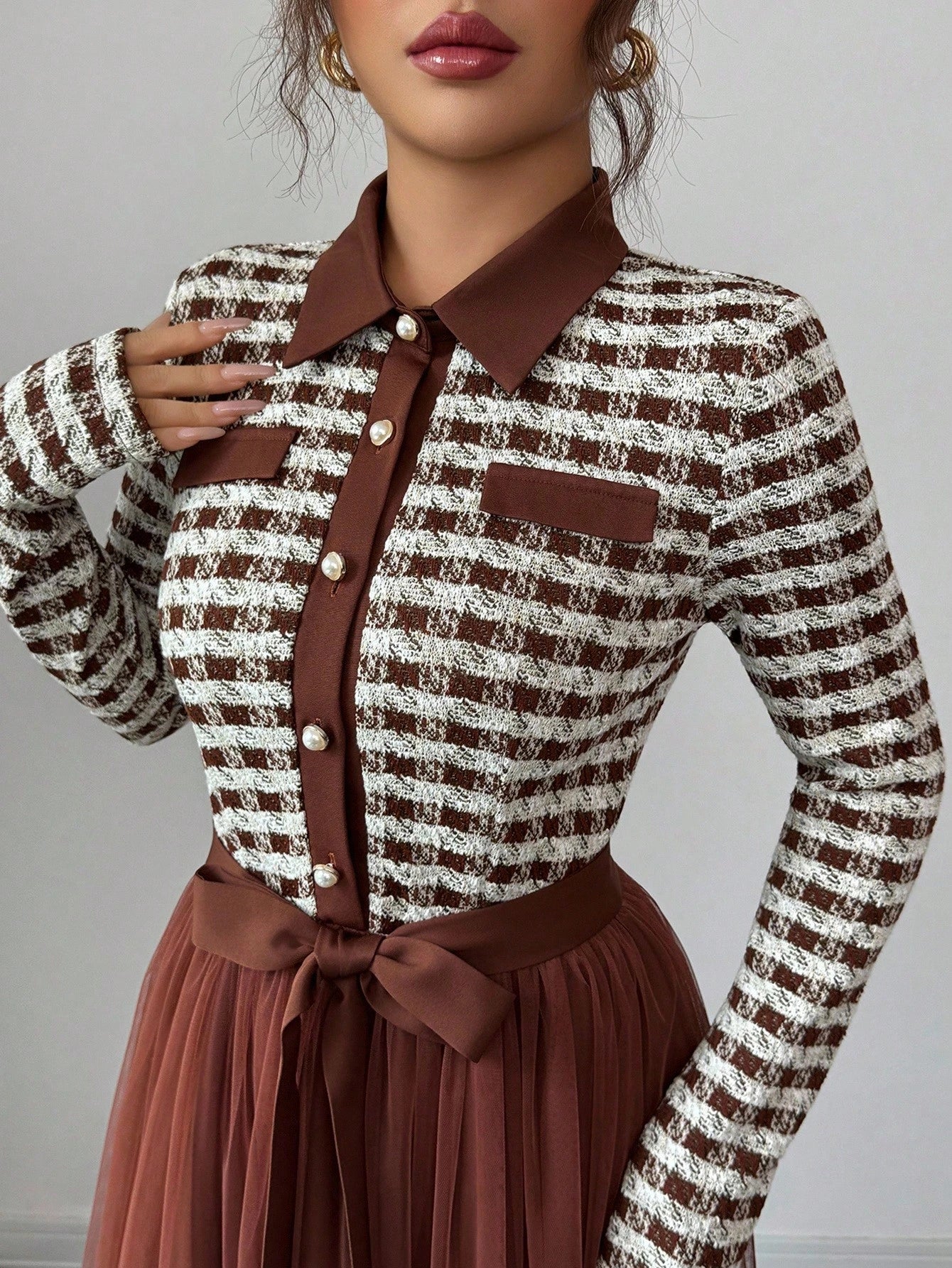 Elenzga Elegant Romantic Contrast Mesh Fabric A-Line Long Sleeve