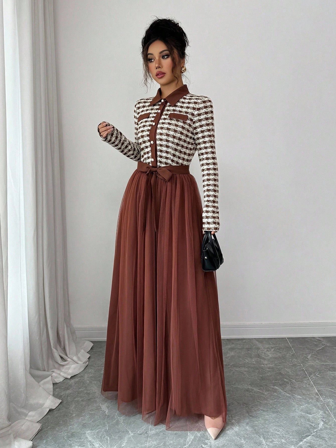 Elenzga Elegant Romantic Contrast Mesh Fabric A-Line Long Sleeve
