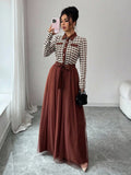Elenzga Elegant Romantic Contrast Mesh Fabric A-Line Long Sleeve