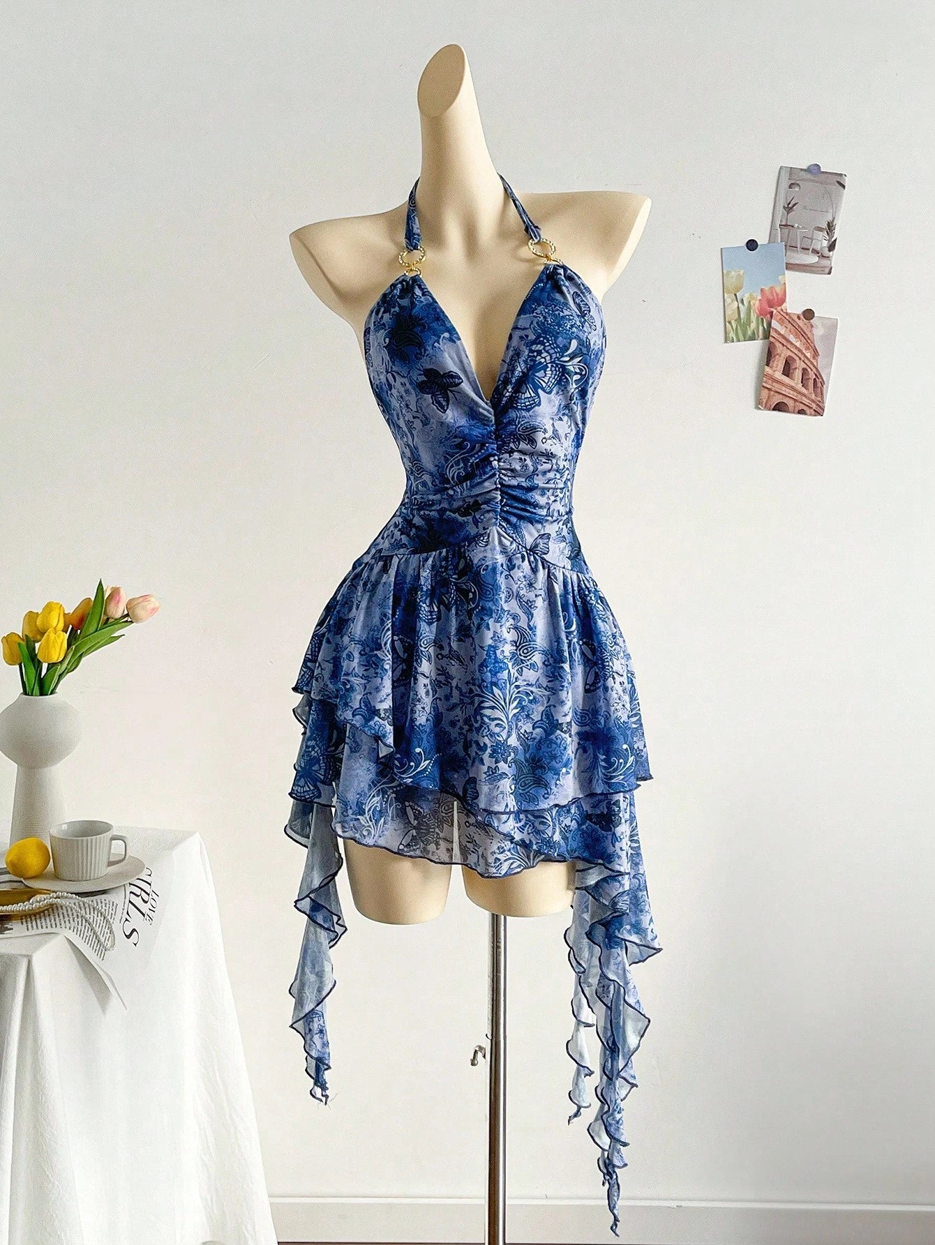 Soleia Romantic Vacation Halter Knit Mesh Blue Printed Dress For