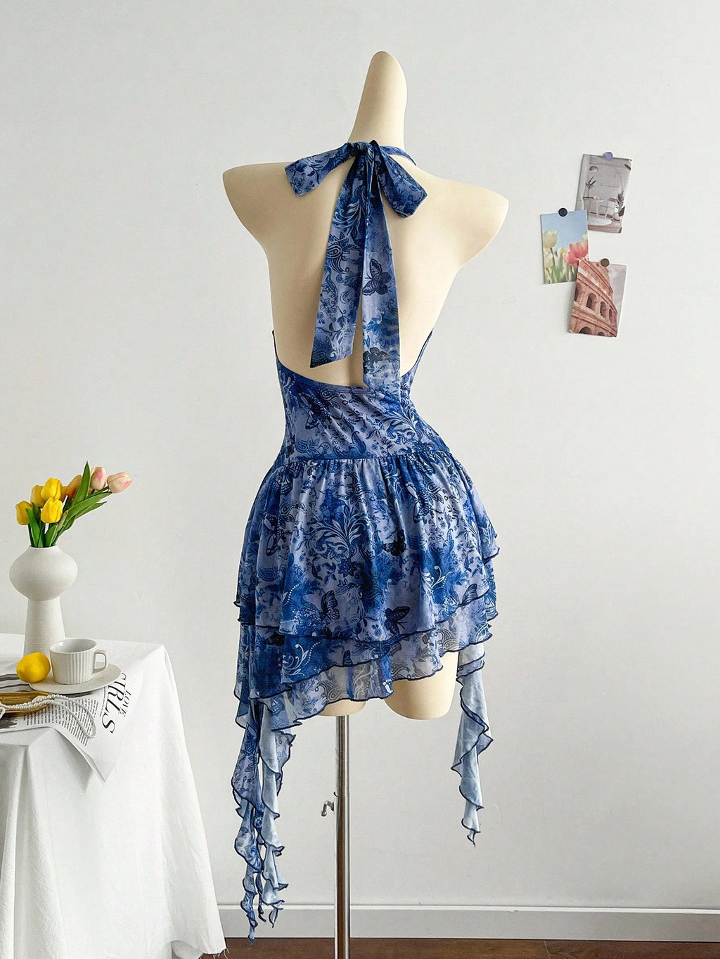 Soleia Romantic Vacation Halter Knit Mesh Blue Printed Dress For