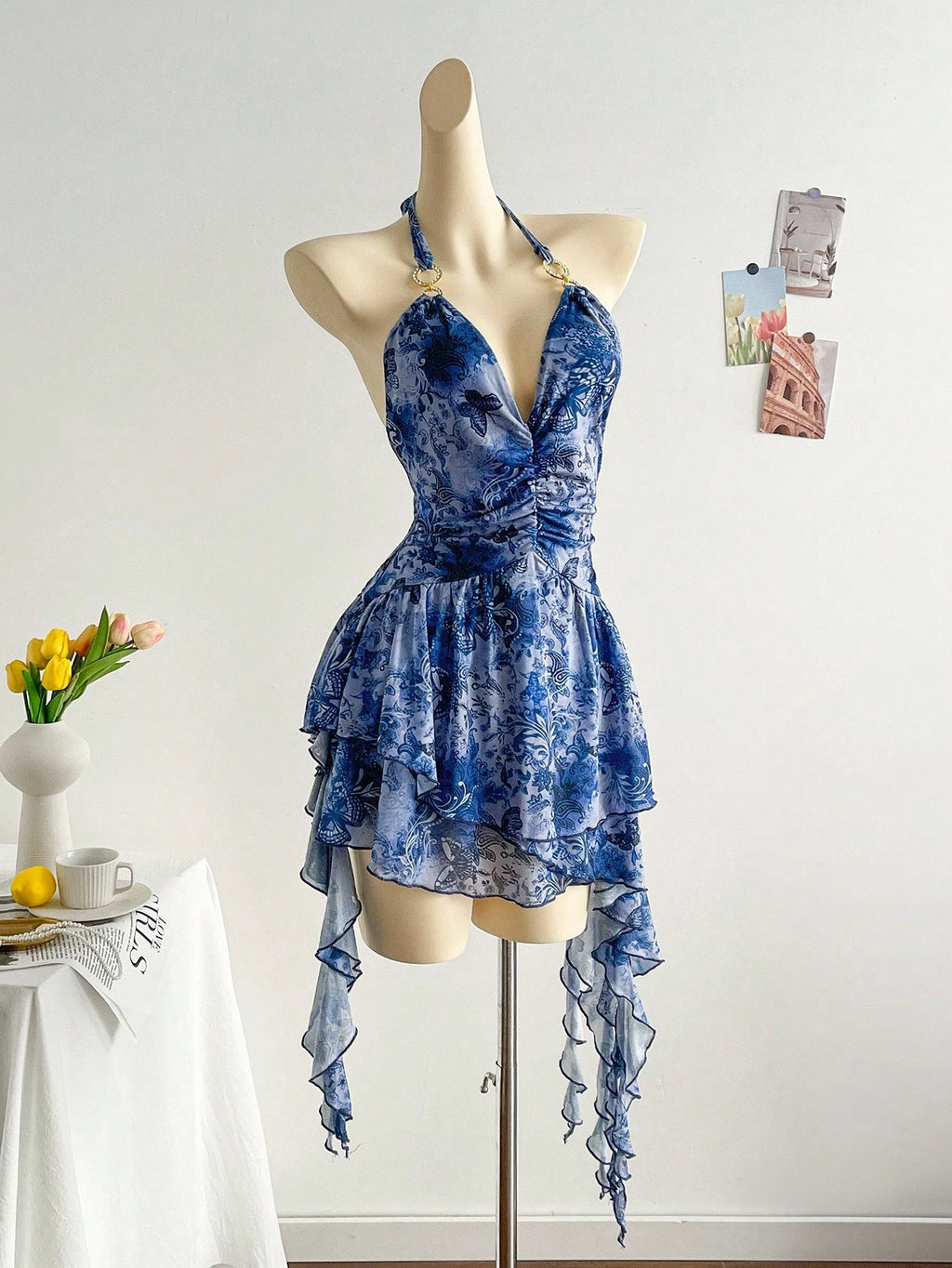 Soleia Romantic Vacation Halter Knit Mesh Blue Printed Dress For