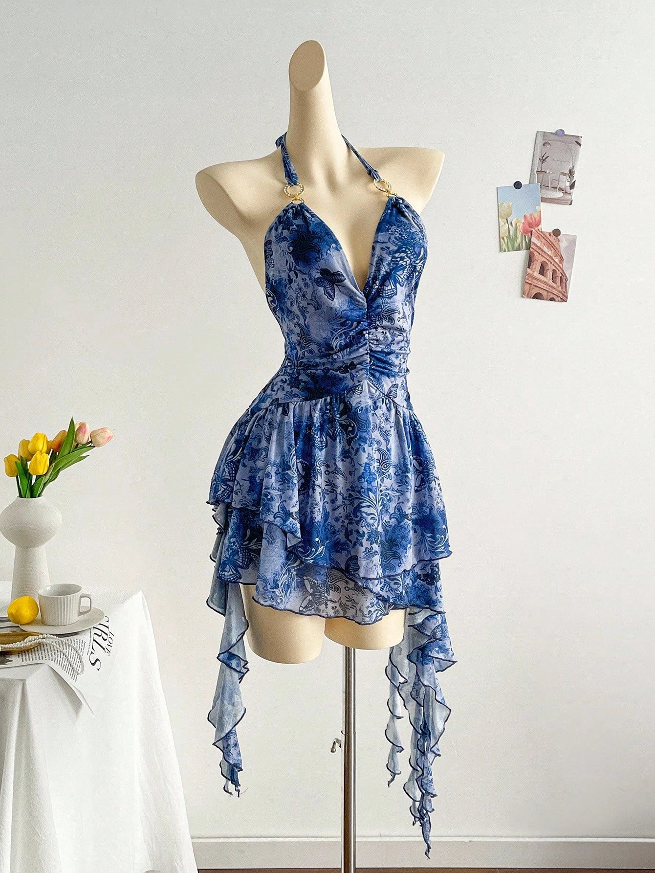 Soleia Romantic Vacation Halter Knit Mesh Blue Printed Dress For