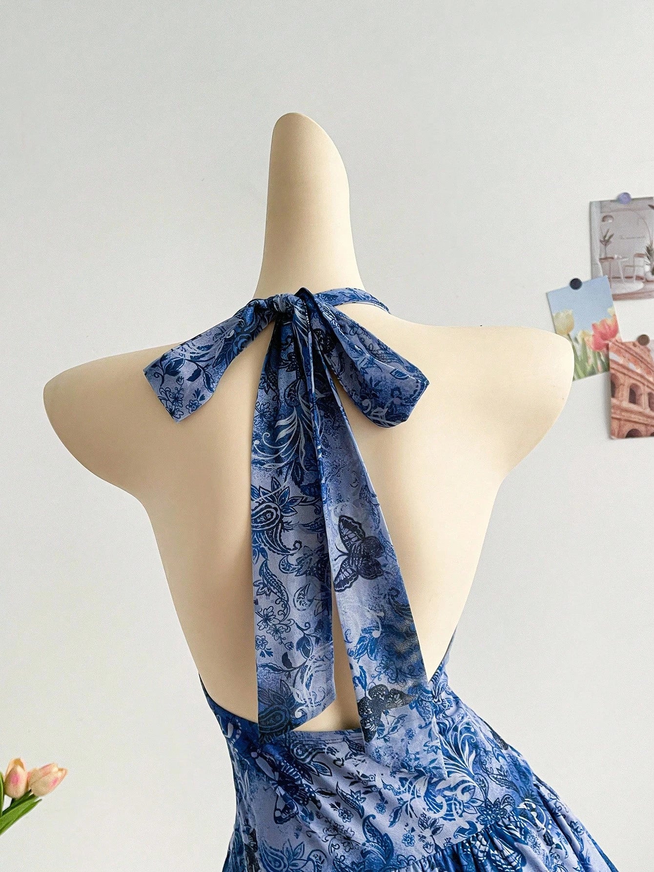 Soleia Romantic Vacation Halter Knit Mesh Blue Printed Dress For Women ,Summer Dress - image 11