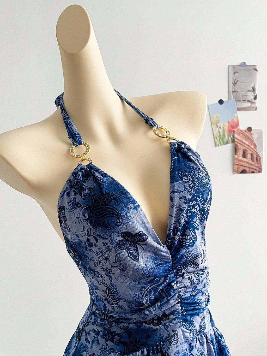 Soleia Romantic Vacation Halter Knit Mesh Blue Printed Dress For