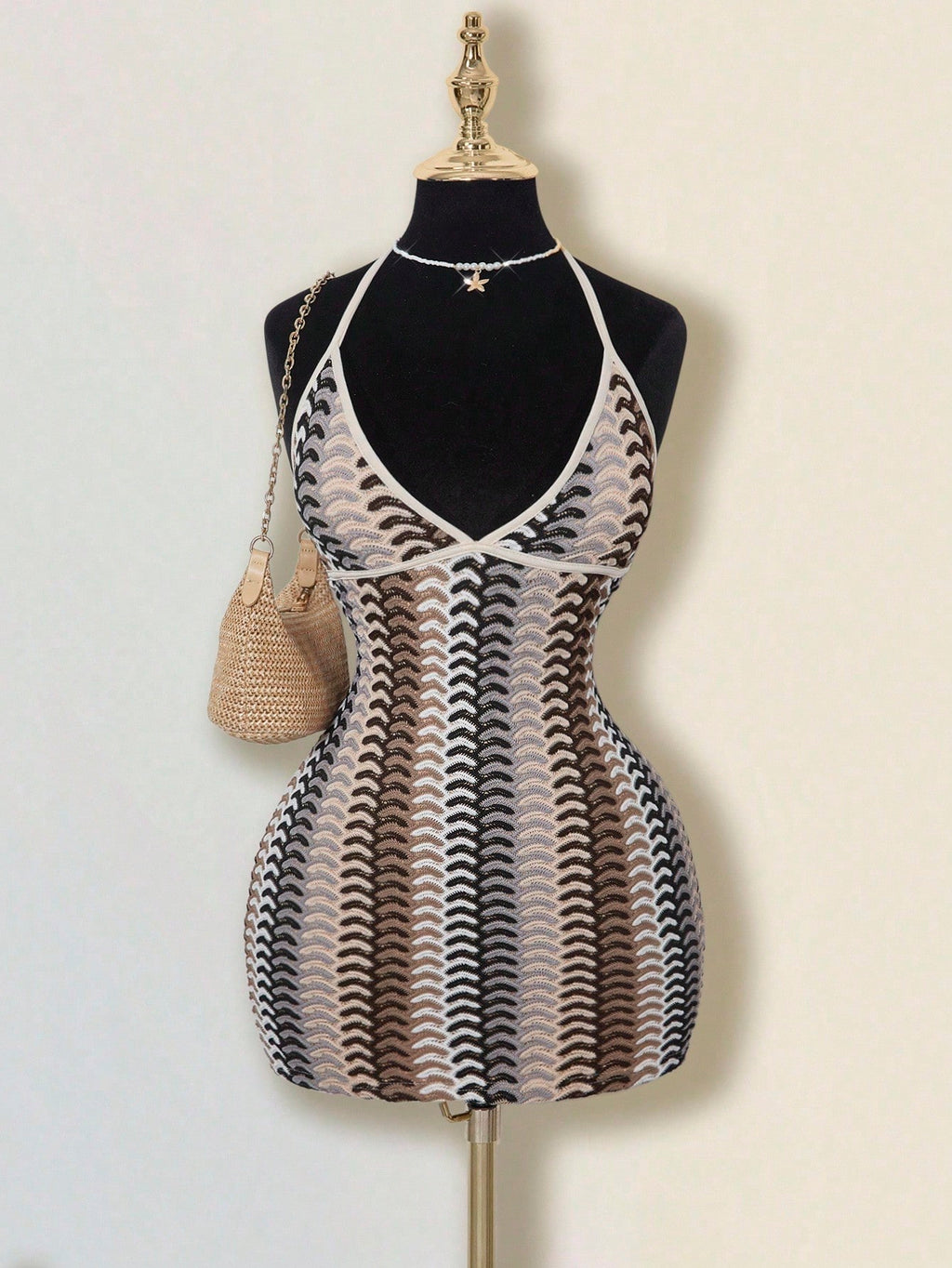 ICON Women's Colorful Jacquard Knit Contrast Ribbed Trim Halter