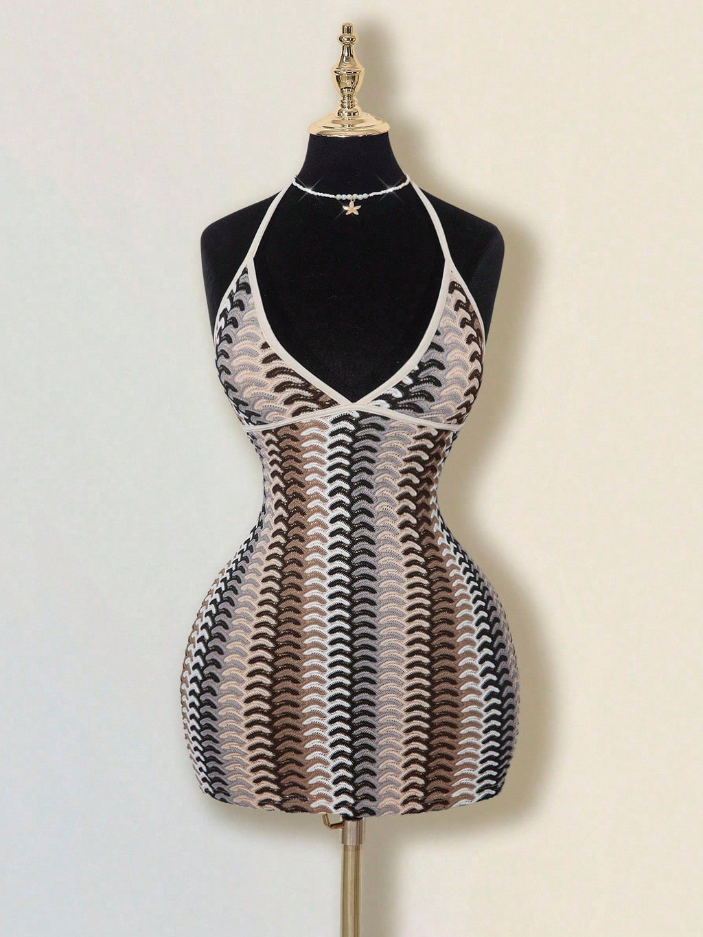 ICON Women's Colorful Jacquard Knit Contrast Ribbed Trim Halter