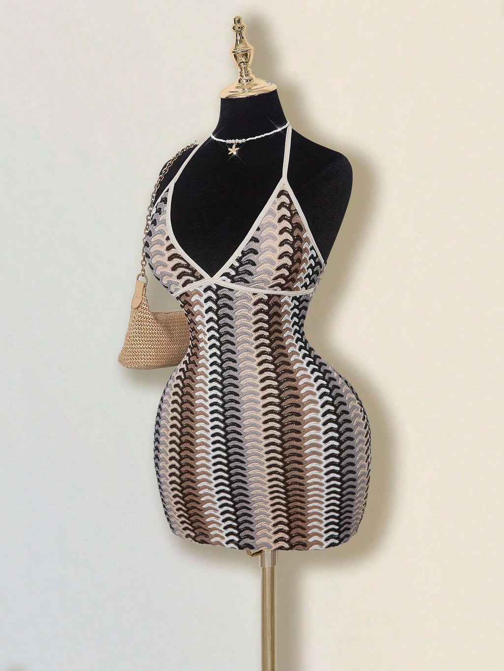 ICON Women's Colorful Jacquard Knit Contrast Ribbed Trim Halter