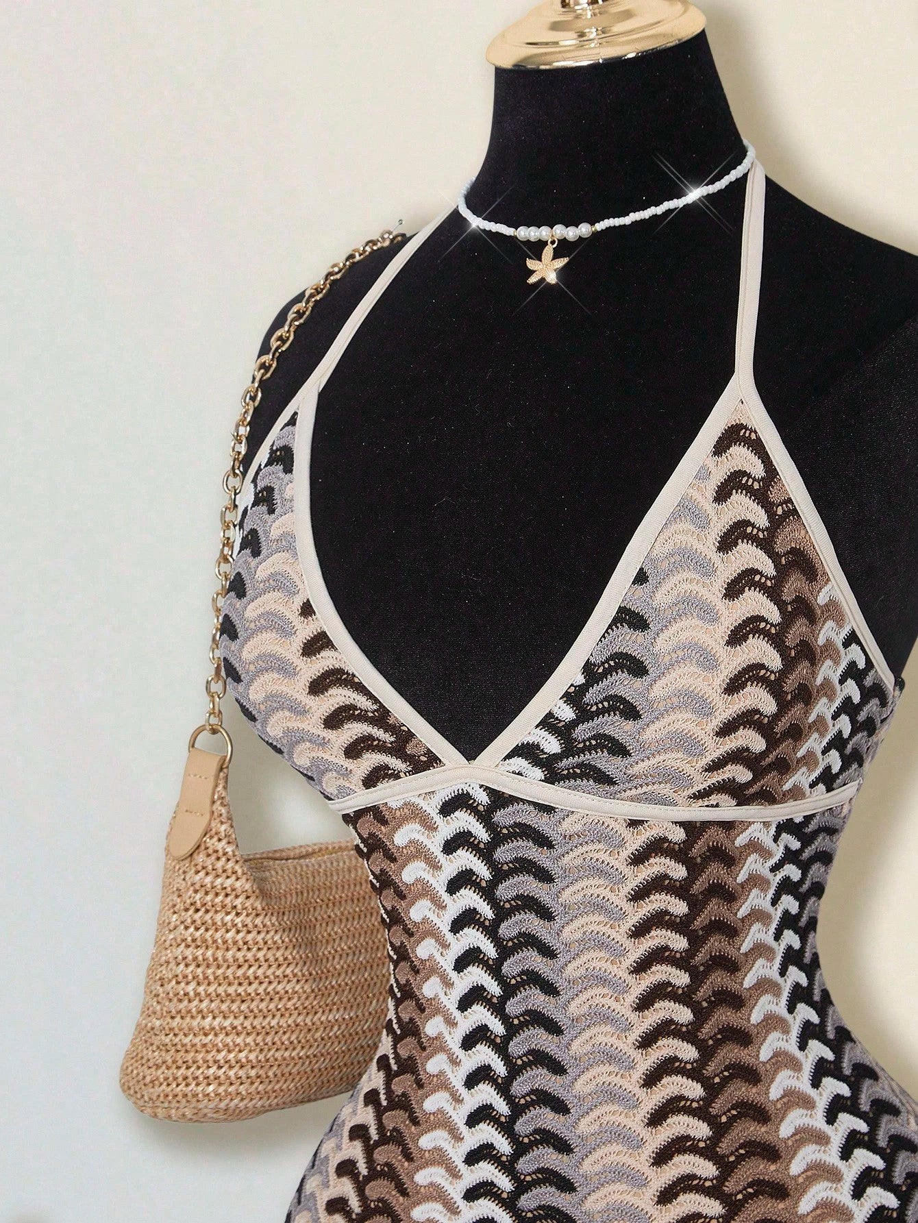 ICON Women's Colorful Jacquard Knit Contrast Ribbed Trim Halter