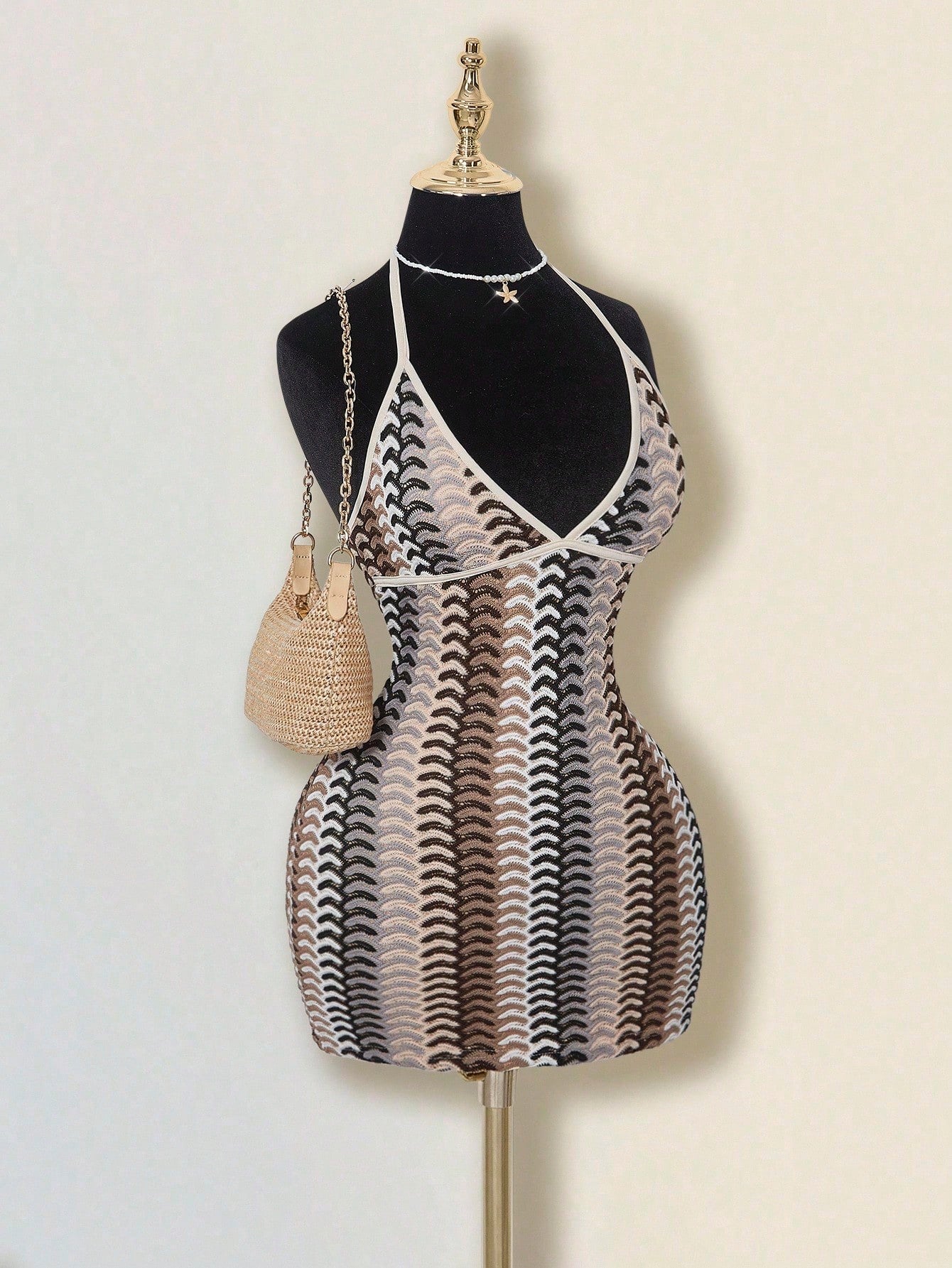 ICON Women's Colorful Jacquard Knit Contrast Ribbed Trim Halter