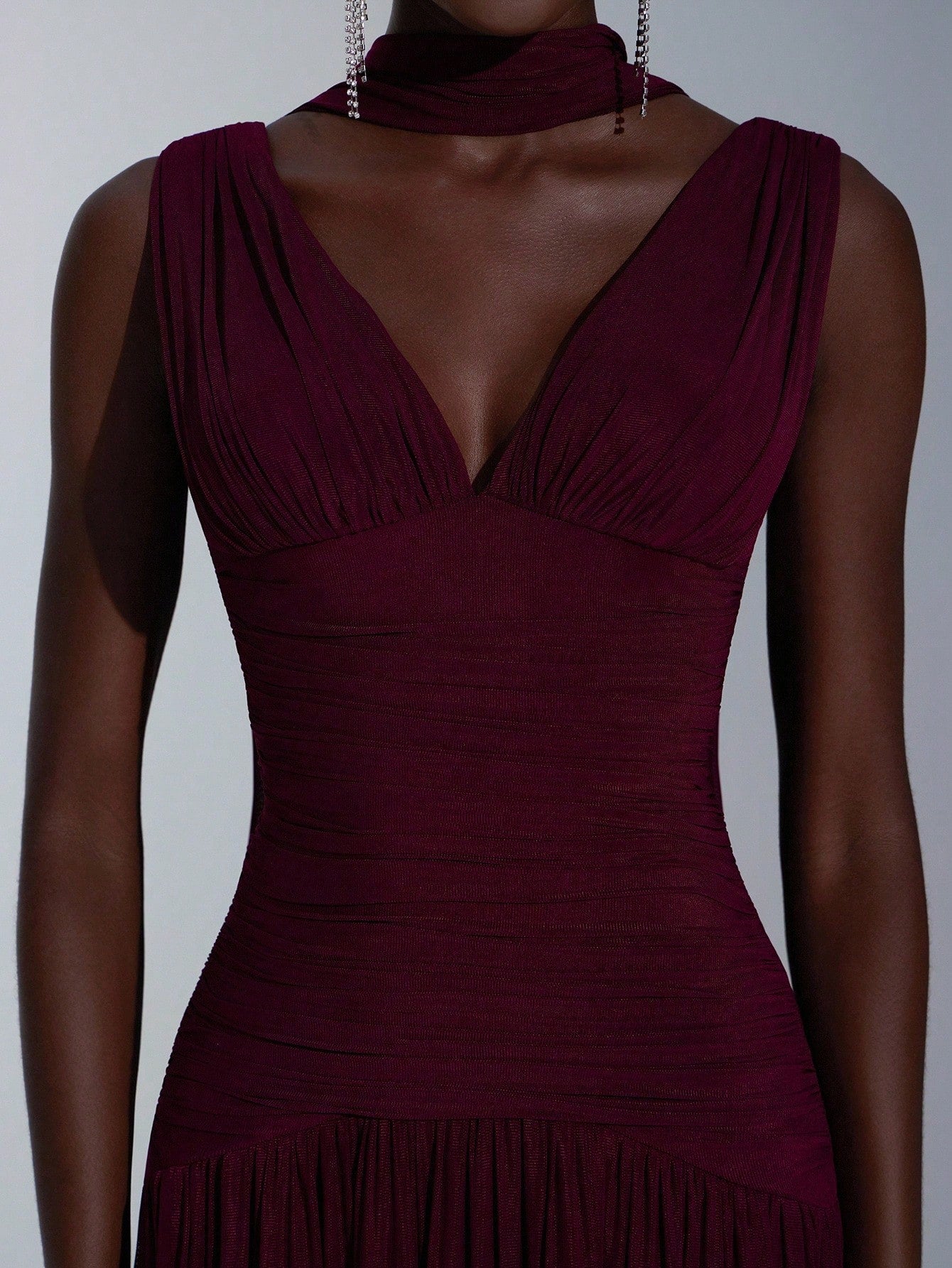 Elitara Elegant Burgundy Glossy Mesh V-Neck Ruched A-Line Skirt With Detachable Chiffon Flounce,Old - image 10