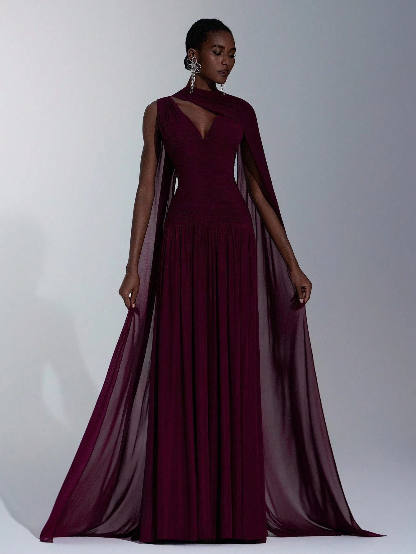 Elitara Elegant Burgundy Glossy Mesh V-Neck Ruched A-Line Skirt With Detachable Chiffon Flounce,Old - image 9