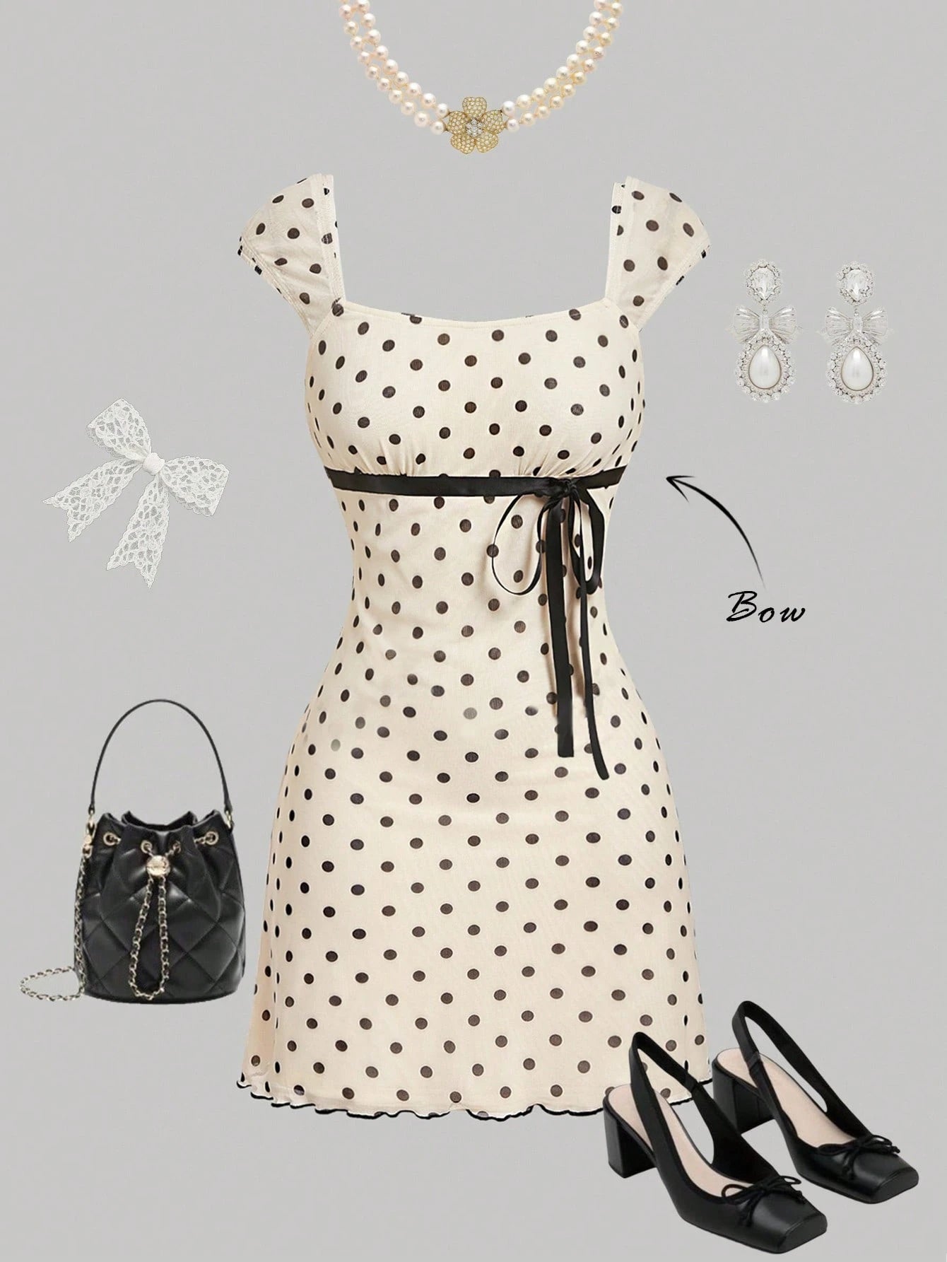MOD Bowknot Pleated Mesh Abstract Floral Dress, Back To School, Elegant French, Vacation, Going Out Date - image 7
