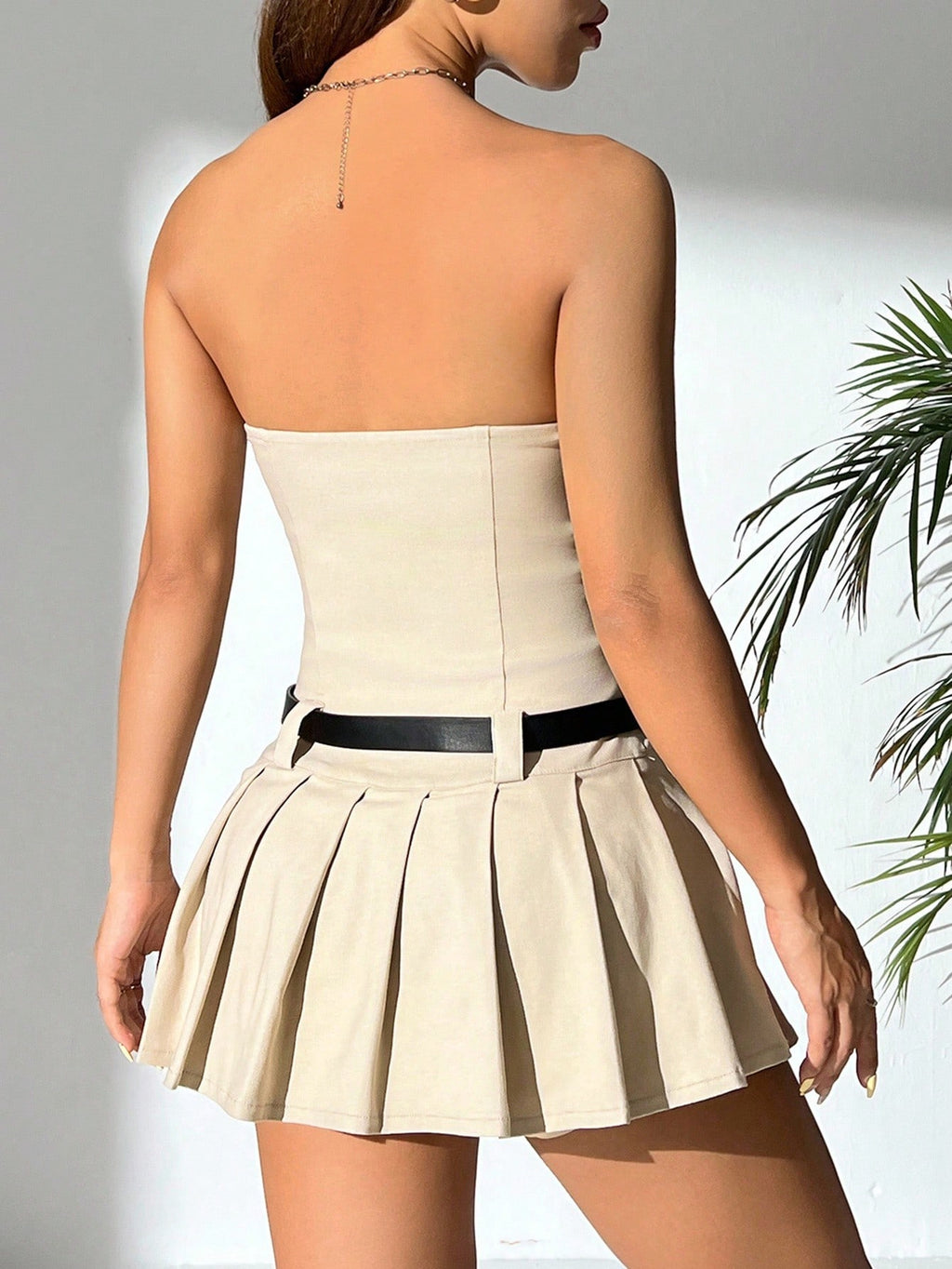 PETITE Women's Solid Color Pleated Hem Bandeau Dress,Sun Dress