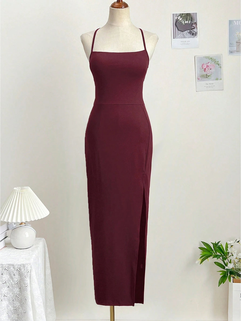 Dresses Solid Color Spaghetti Strap Large Backless Hip Pleats Large