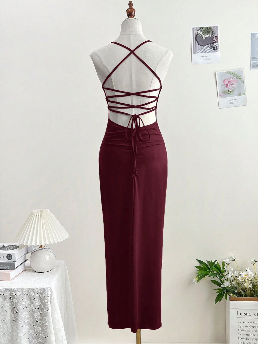 Dresses Solid Color Spaghetti Strap Large Backless Hip Pleats Large