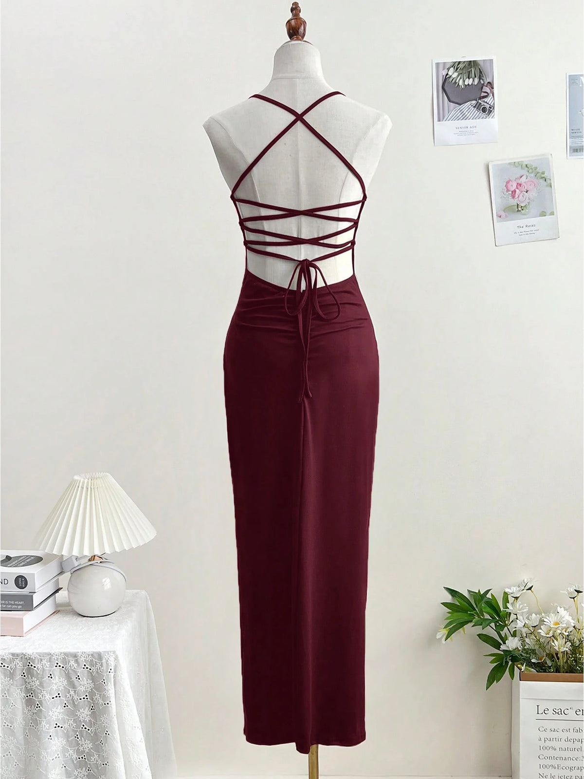 Dresses Solid Color Spaghetti Strap Large Backless Hip Pleats Large Slits Hip-Covering Sexy Sleeveless Party - image 17