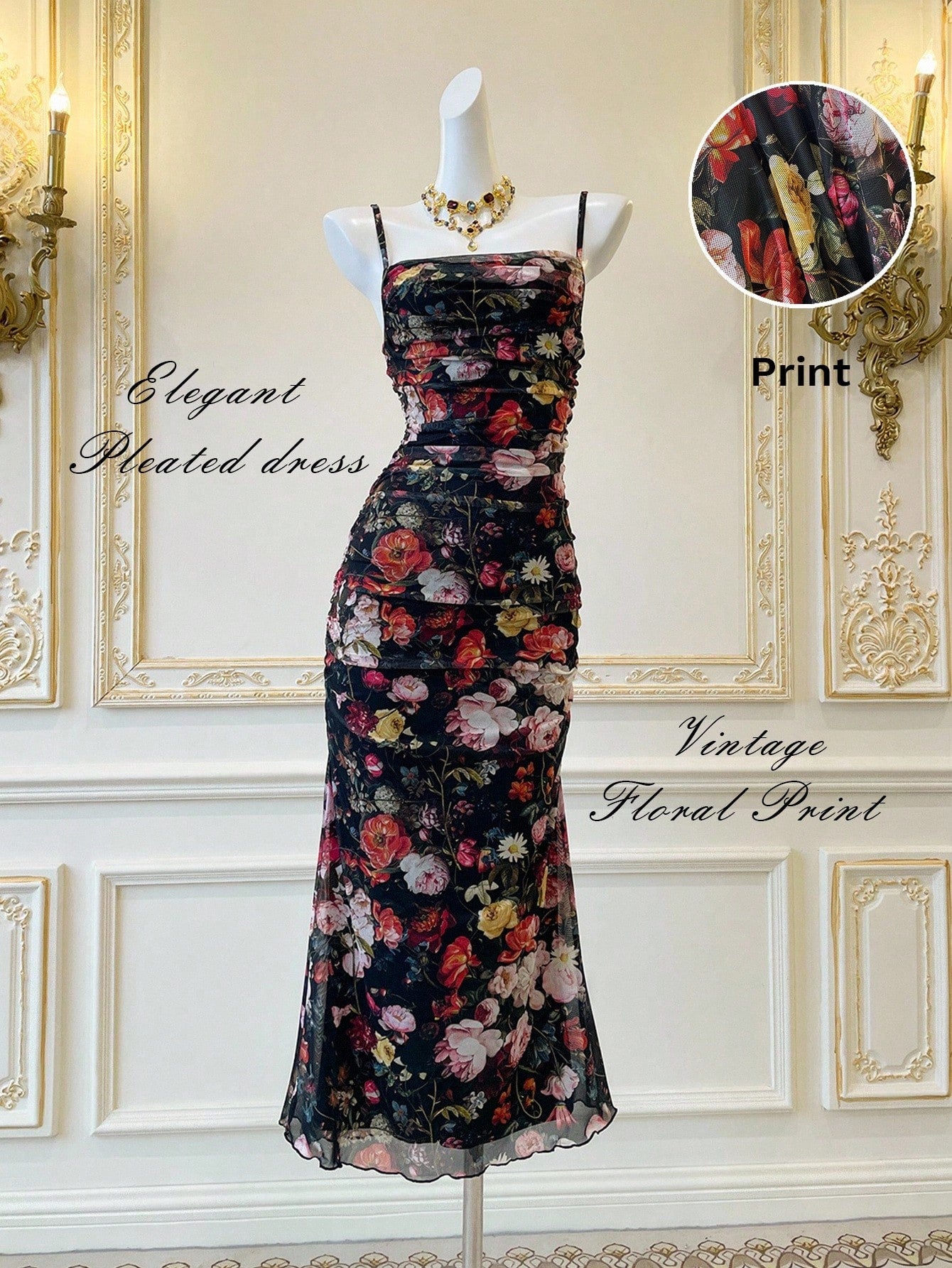 Skyraze Women's Green Floral Oil Painting Ruched Bodycon Cami Dress,Summer Holiday,Casual