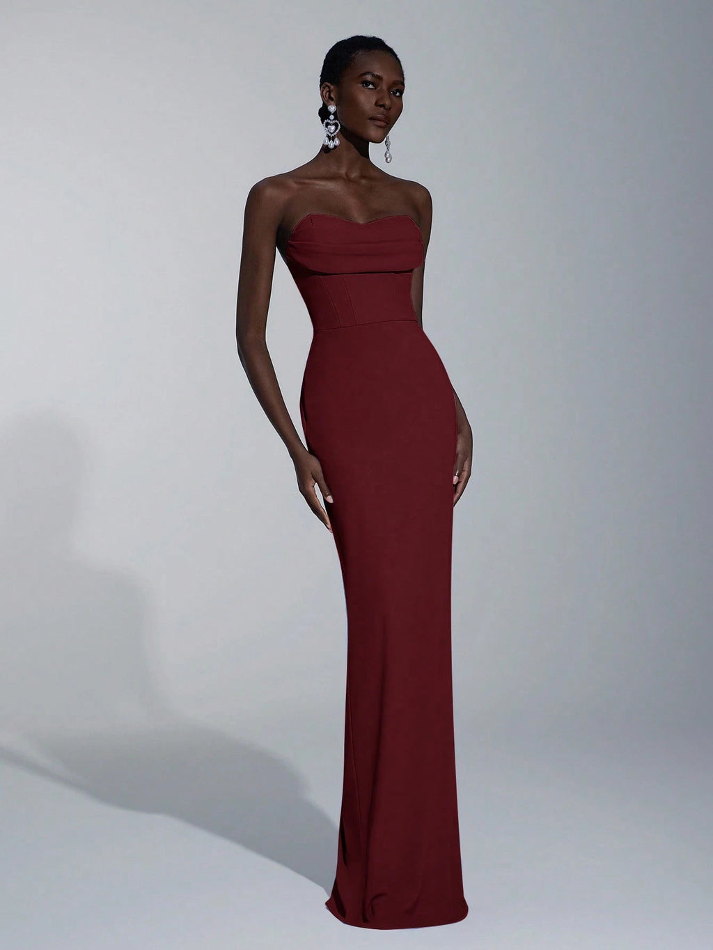 Elitara Elegant Minimalist Split Bandeau Plunging Neckline Fitted Maxi Slit Back Bridesmaid Dress - image 18