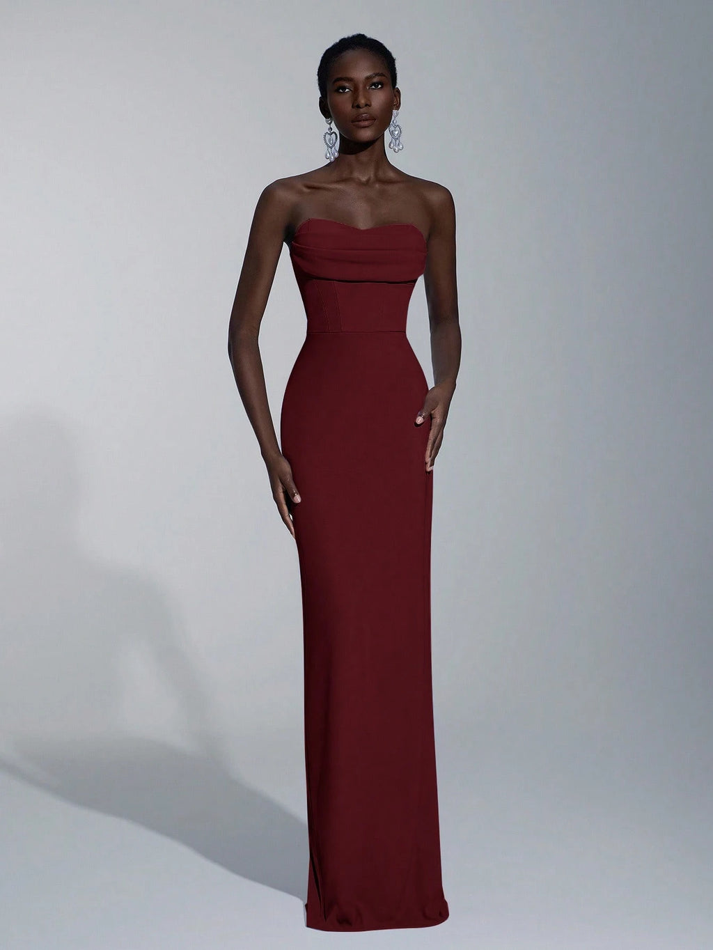 Elitara Elegant Minimalist Split Bandeau Plunging Neckline Fitted Maxi Slit Back Bridesmaid Dress - image 19