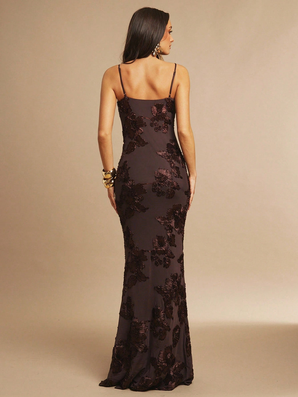 X GALILEA Silquee Women's Elegant Dark Brown 3D Floral Maxi Dress, Summer Slim Spaghetti Strap Suspender - image 8
