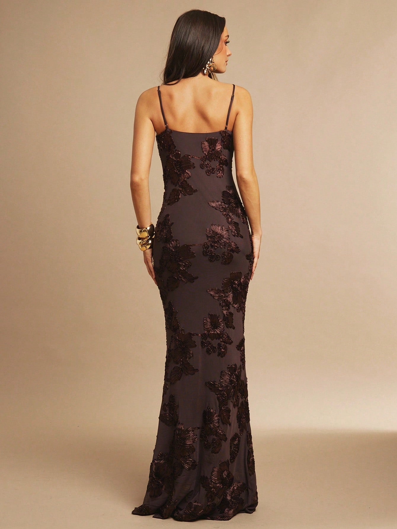 X GALILEA Silquee Women's Elegant Dark Brown 3D Floral Maxi Dress, Summer Slim Spaghetti Strap Suspender - image 8