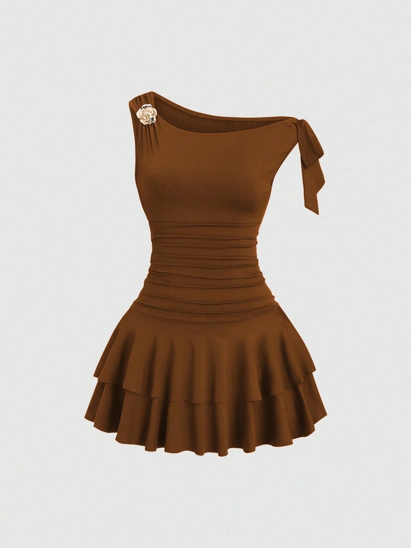 Sweetra Women's Metal Flower Decor Ruched Shoulder Ruched Hem