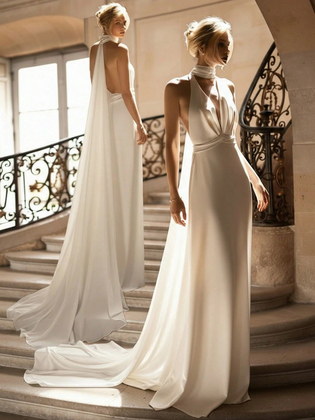 Basrey New Elegant White Spaghetti Strap Deep V-Neck High Waist Fitted Backless Satin Cocktail Party Mermaid - image 2