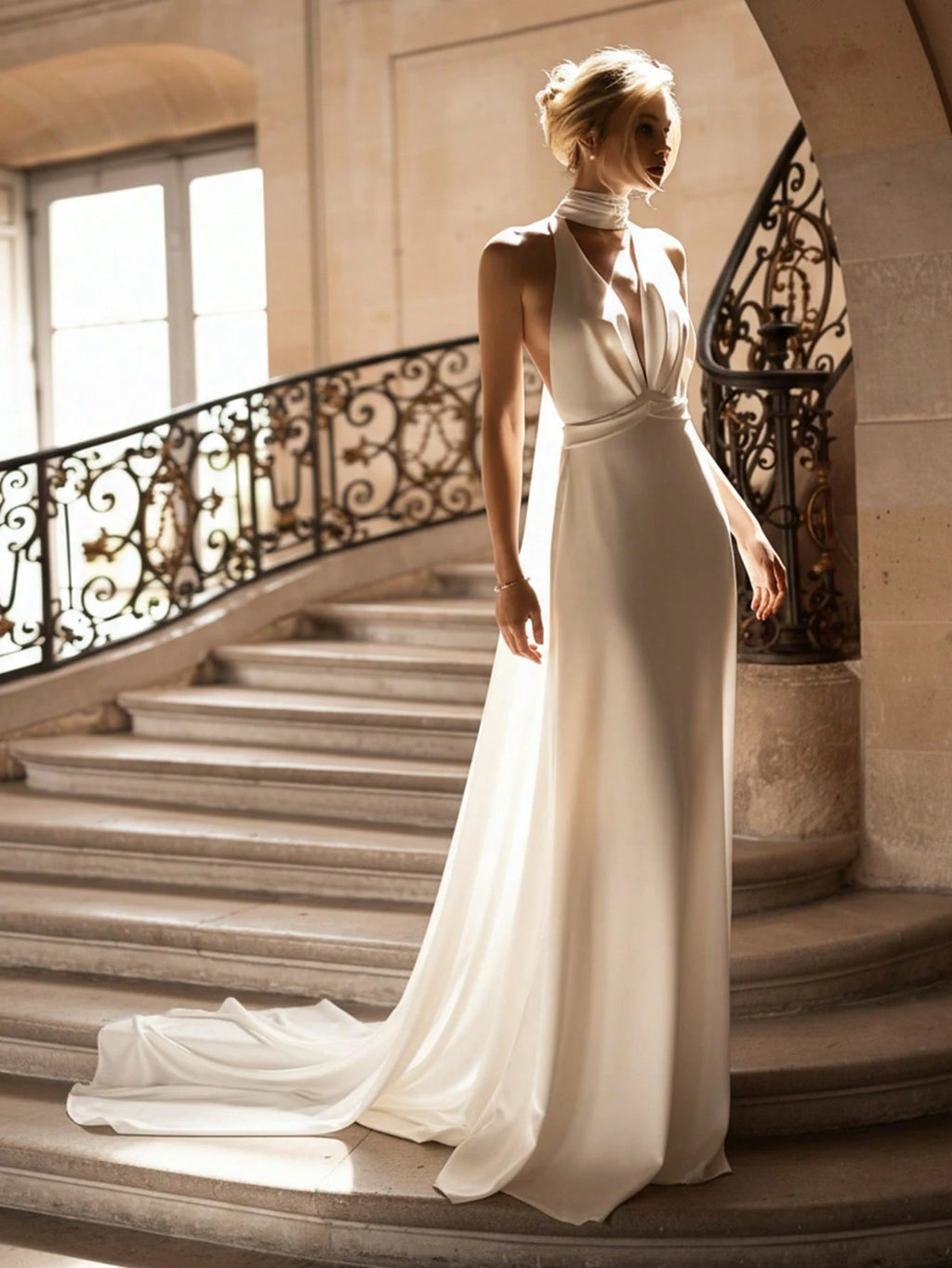 Basrey New Elegant White Spaghetti Strap Deep V-Neck High Waist Fitted Backless Satin Cocktail Party Mermaid - image 3