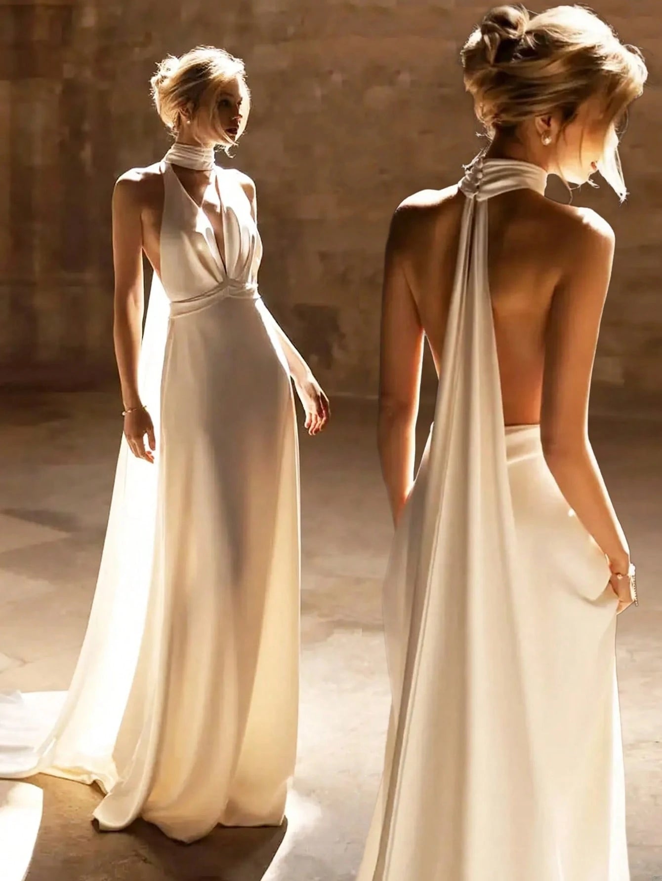 Basrey New Elegant White Spaghetti Strap Deep V-Neck High Waist Fitted Backless Satin Cocktail Party Mermaid