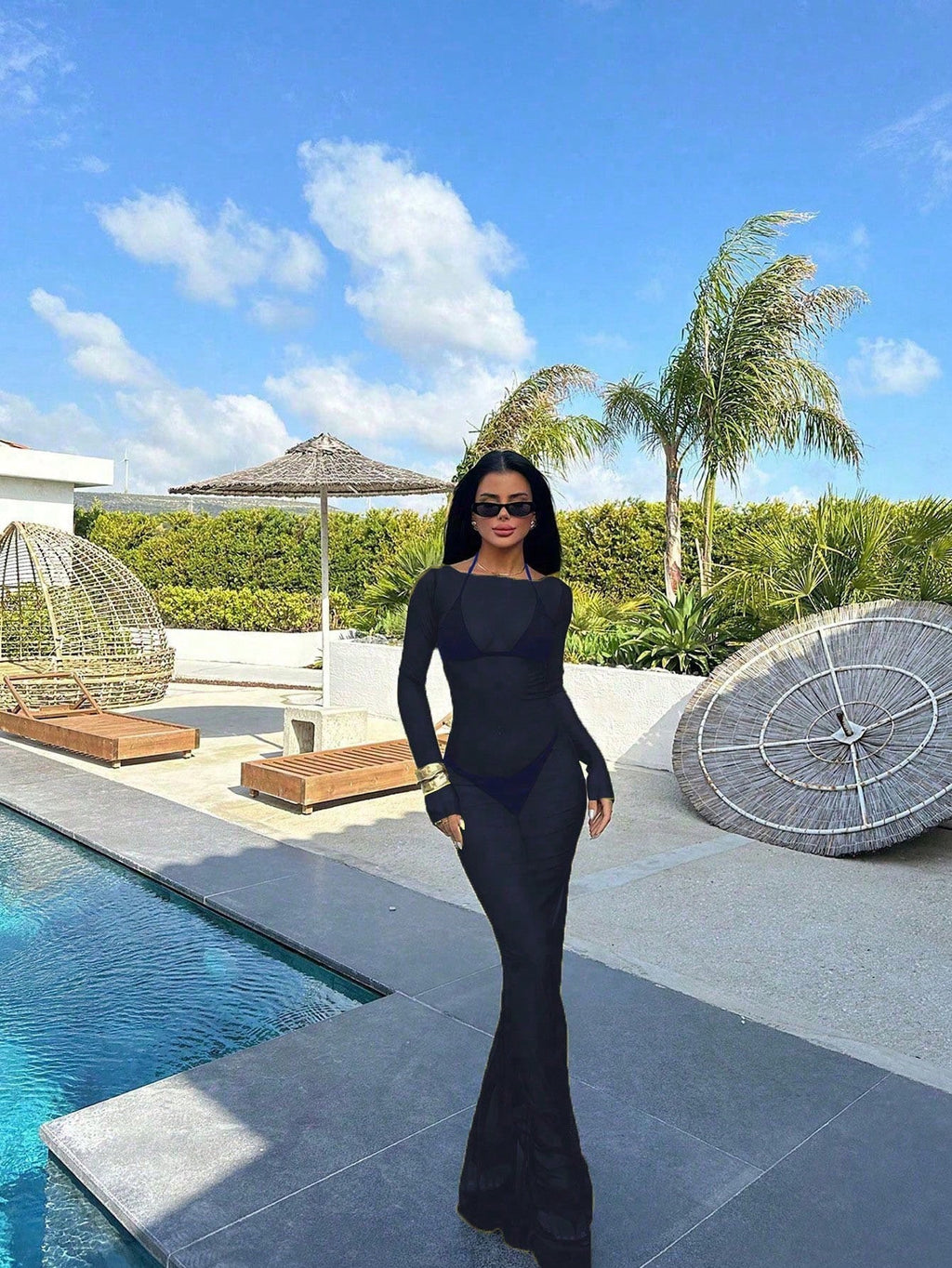 Women's Sexy Bodycon Mesh Sheer Off Shoulder Long Sleeve Dress,