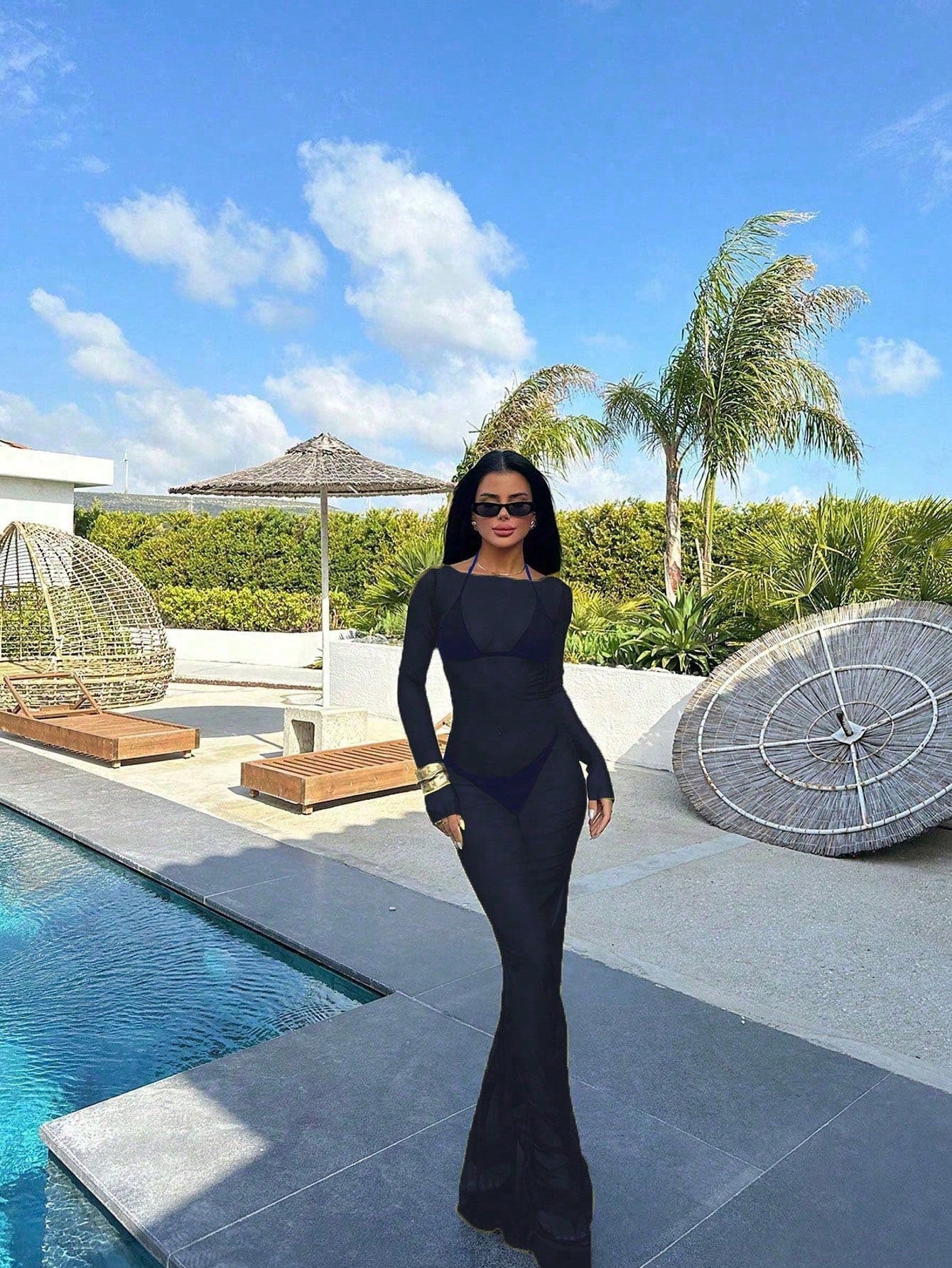 Women's Sexy Bodycon Mesh Sheer Off Shoulder Long Sleeve Dress,
