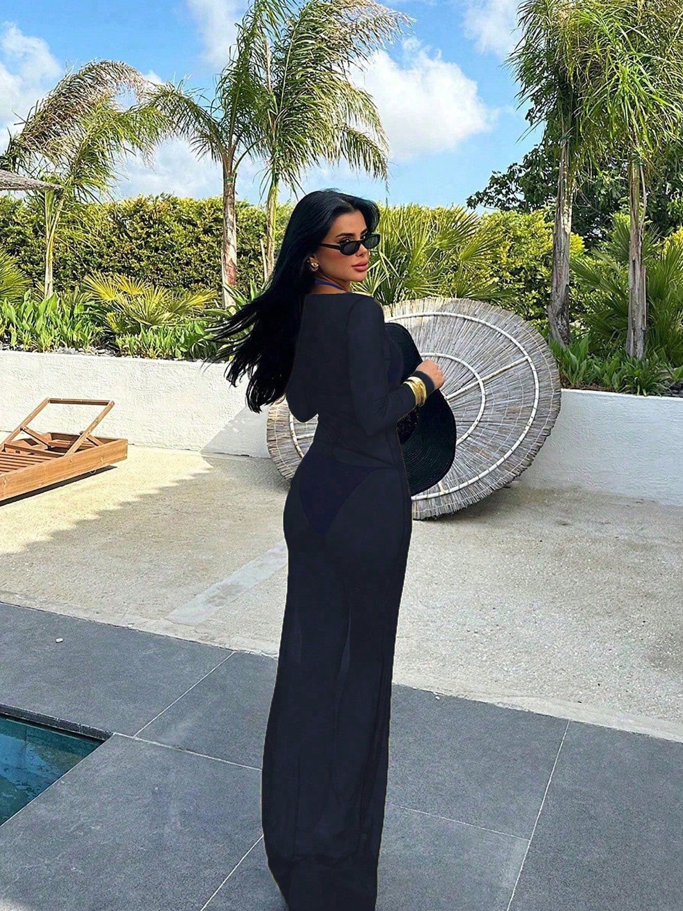 Women's Sexy Bodycon Mesh Sheer Off Shoulder Long Sleeve Dress,