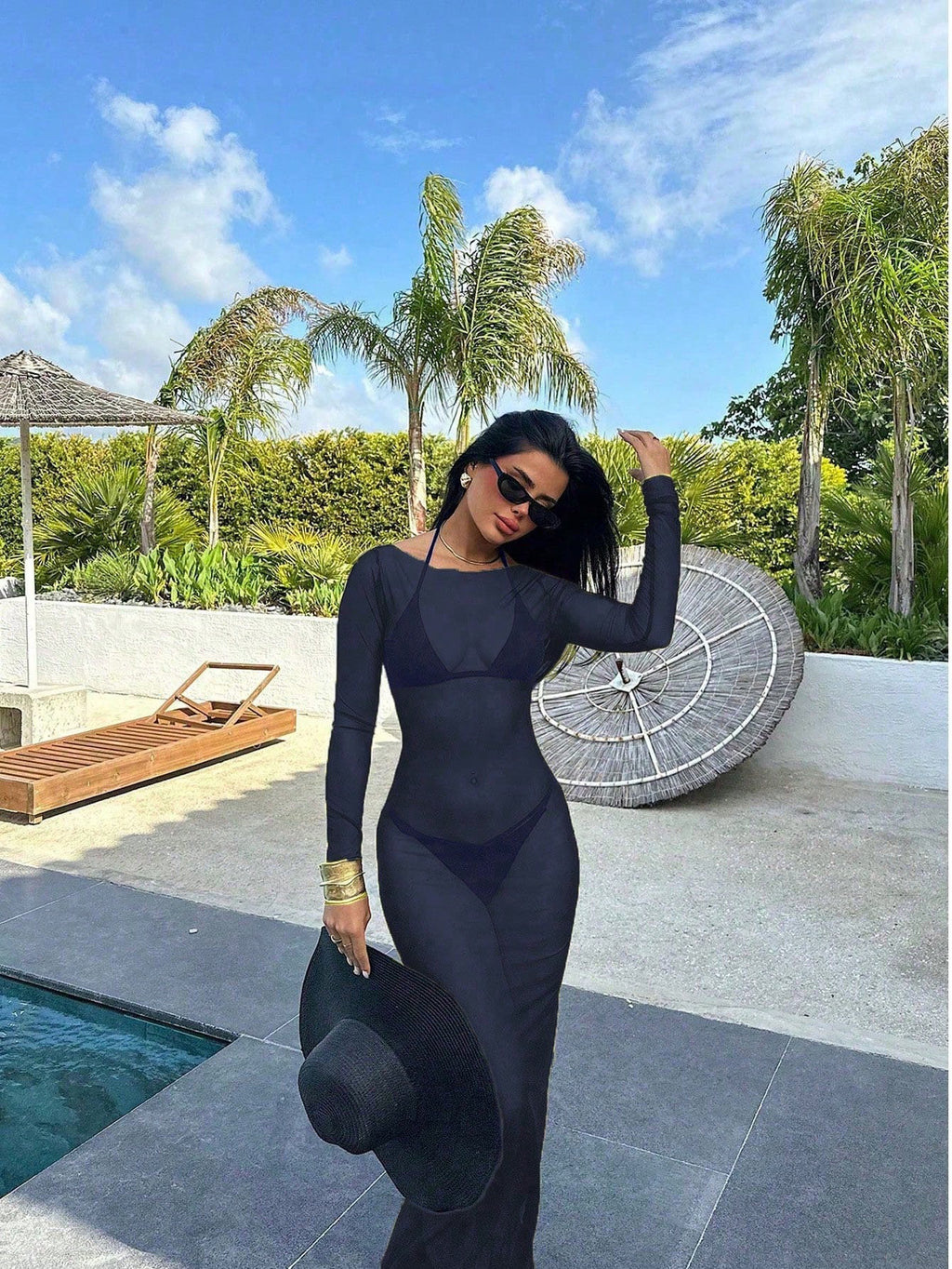 Women's Sexy Bodycon Mesh Sheer Off Shoulder Long Sleeve Dress,