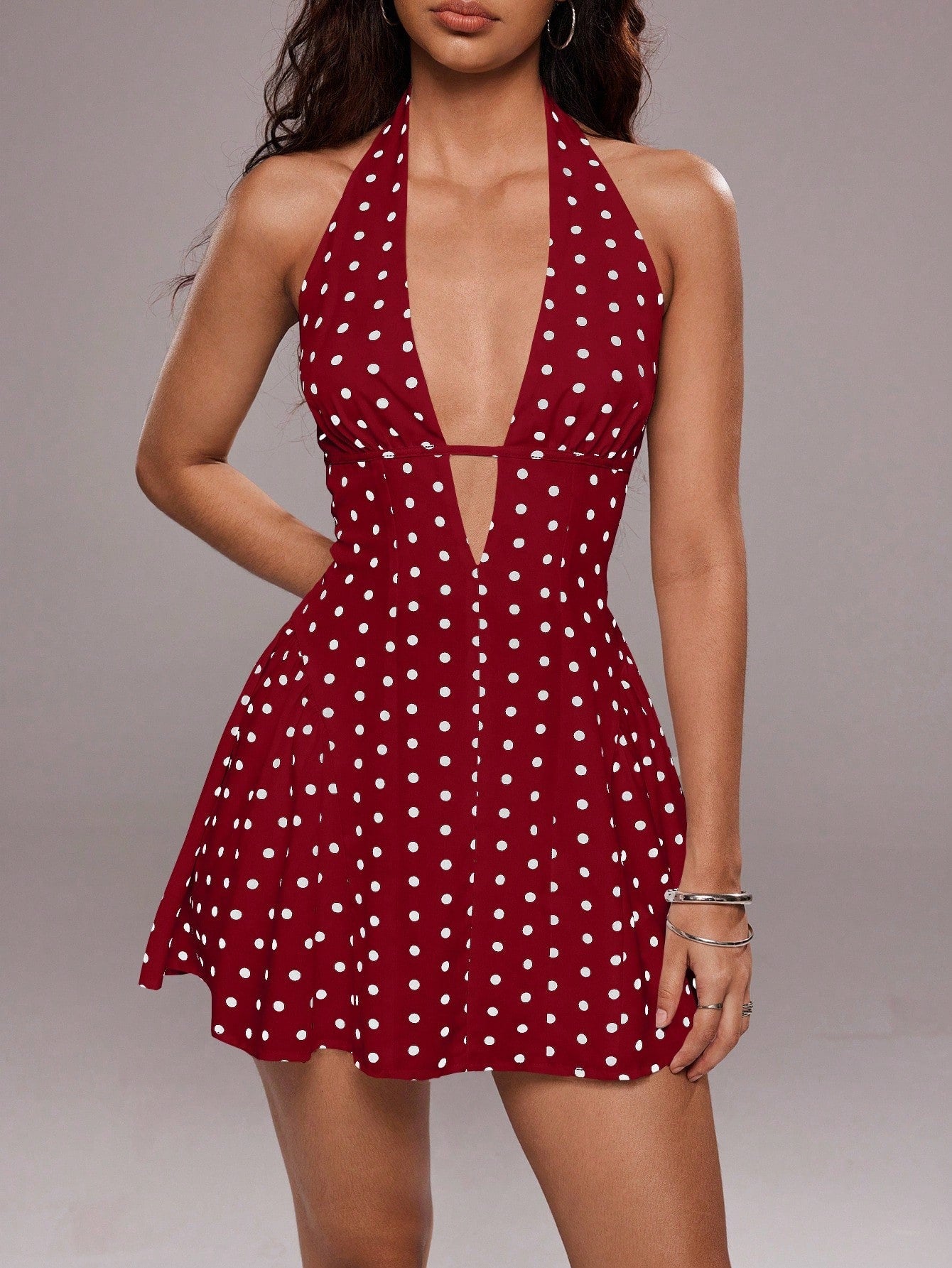 TRNVIE Women's Polka Dot Print Sexy V-Neck Backless Mini Dress