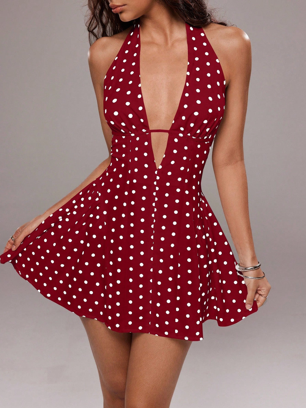 TRNVIE Women's Polka Dot Print Sexy V-Neck Backless Mini Dress