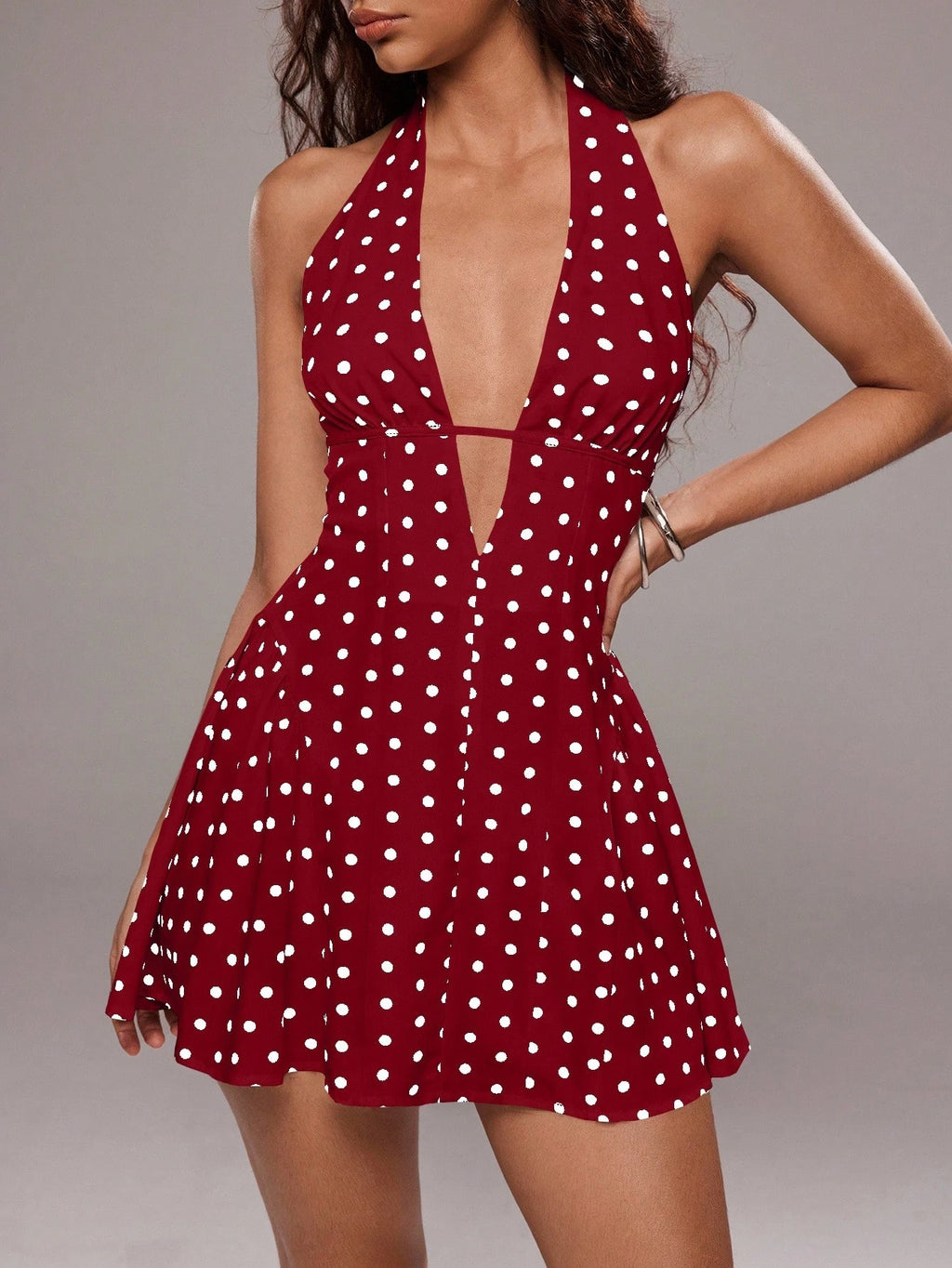 TRNVIE Women's Polka Dot Print Sexy V-Neck Backless Mini Dress
