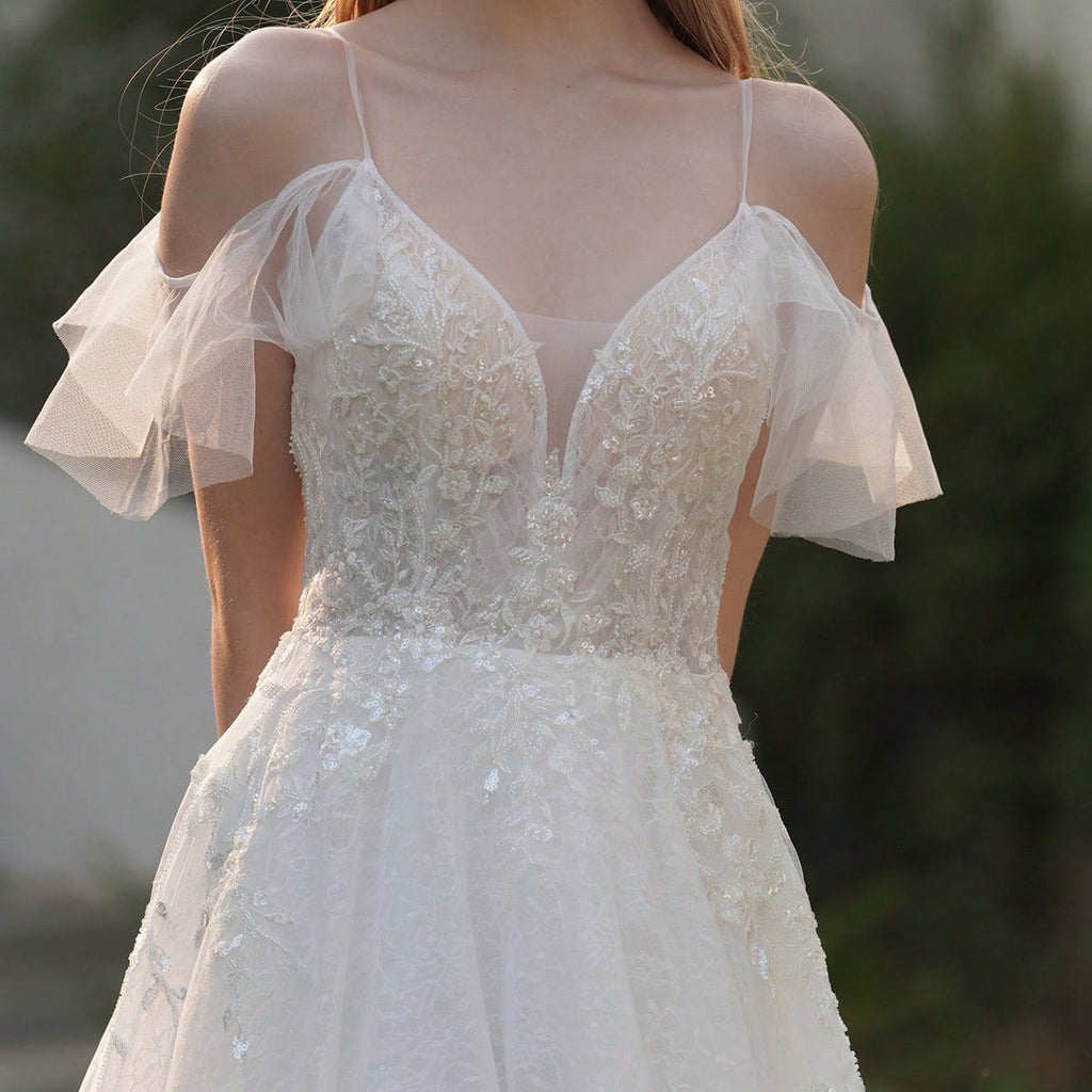 YOUKEFEIER Summer Elegant Spaghetti Strap Flutter Sleeve Lace Embroidered Maxi Wedding Dress Romantic Bridal - image 5