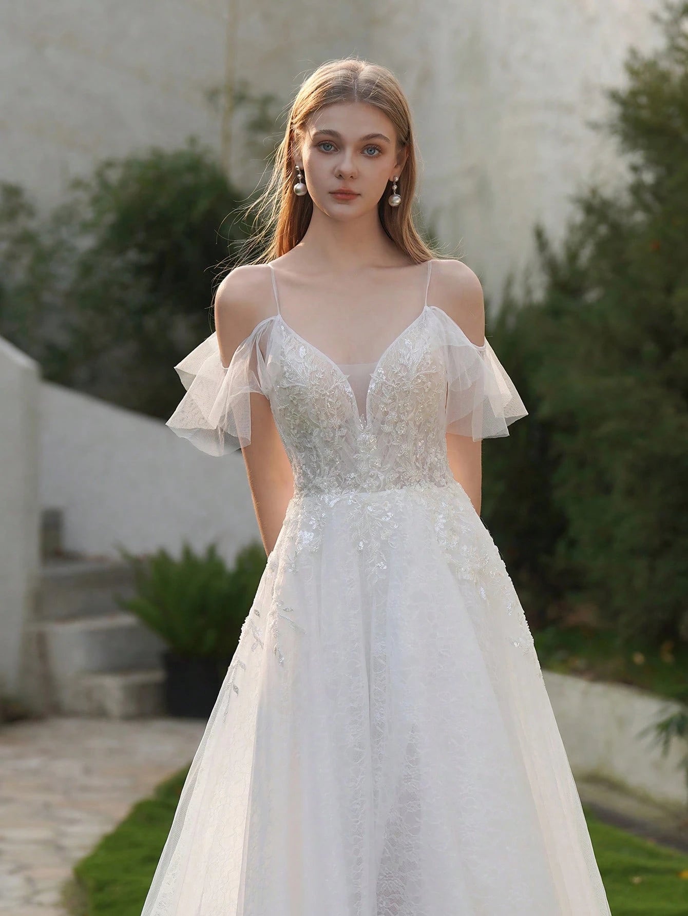 YOUKEFEIER Summer Elegant Spaghetti Strap Flutter Sleeve Lace Embroidered Maxi Wedding Dress Romantic Bridal - image 4