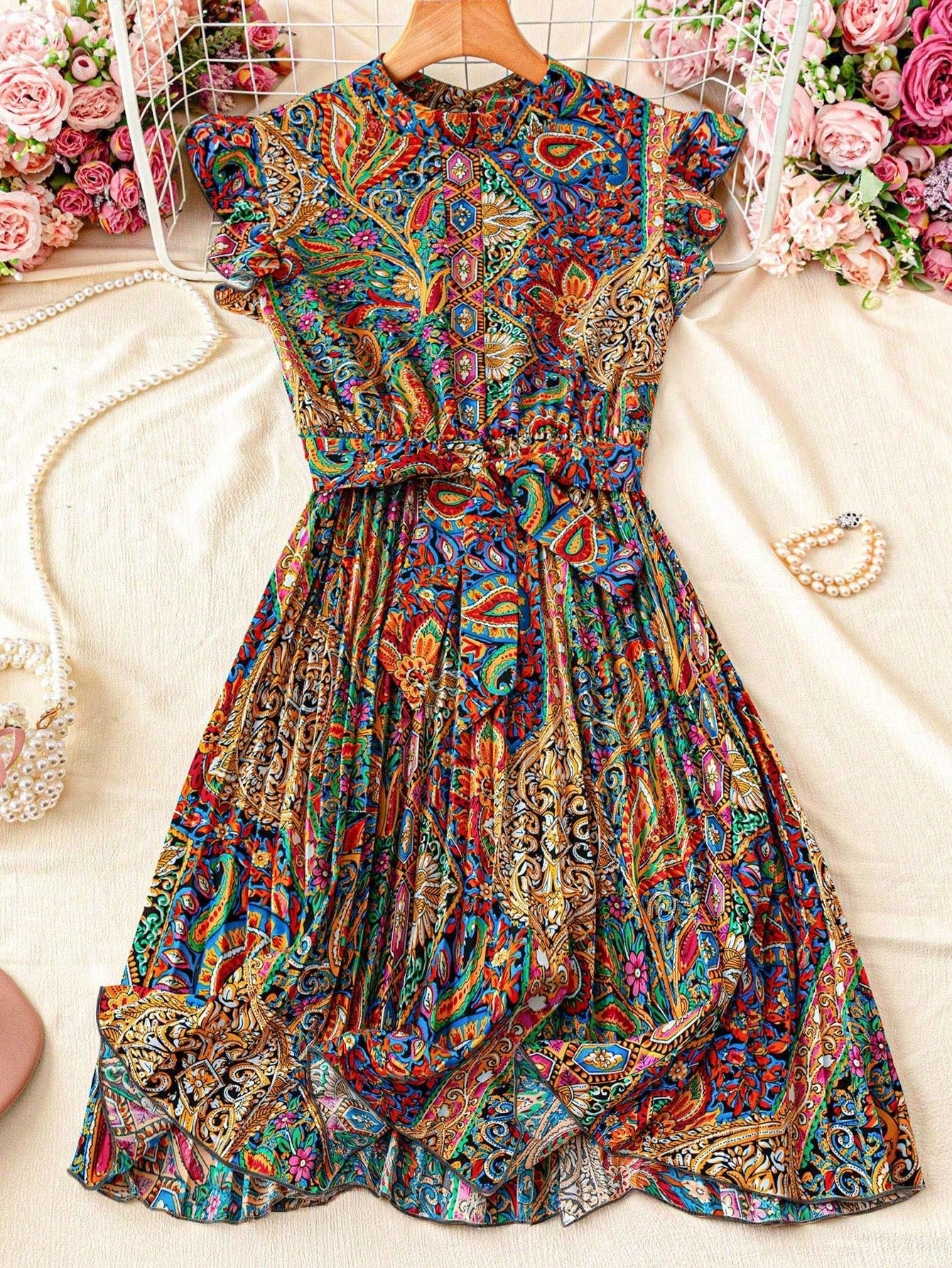 Franclia Leopard Print Ruched Waist Stand Collar Vacation Dress