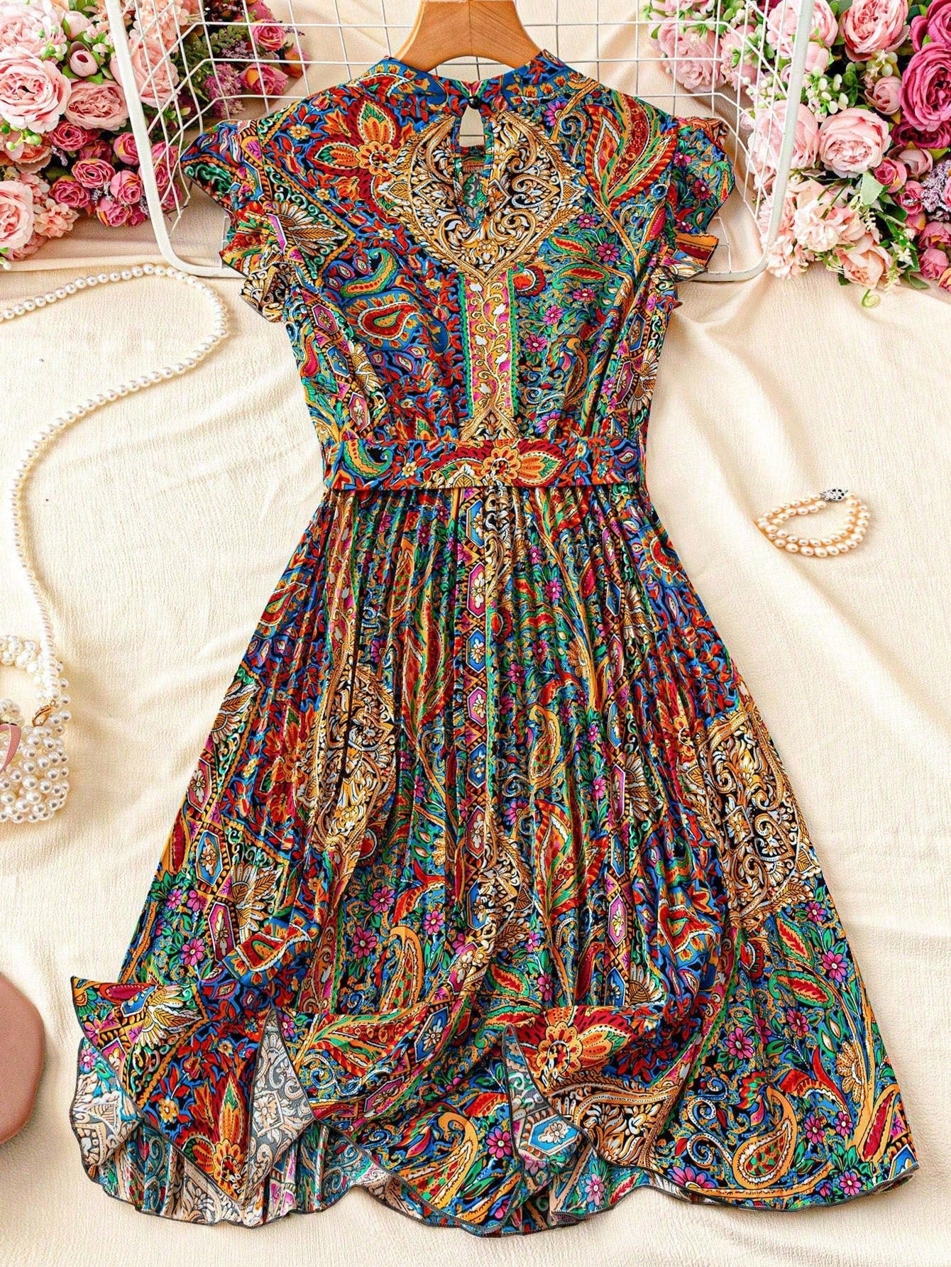 Franclia Leopard Print Ruched Waist Stand Collar Vacation Dress