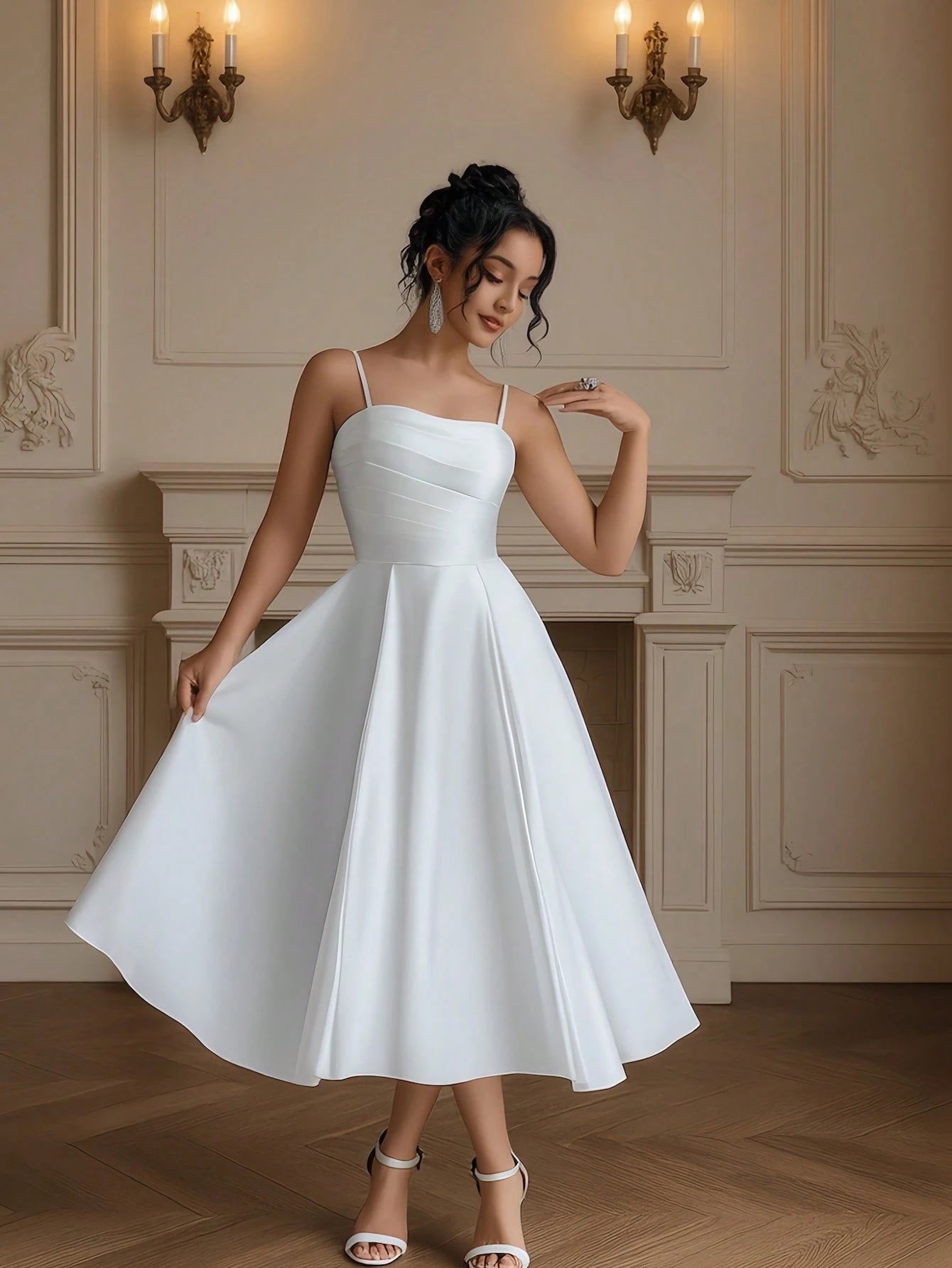 YUMIBRAVO Ballet Style Women's Wedding Dress, Satin Bridal Gown, Pleated Bust White Women's Wedding Dress,