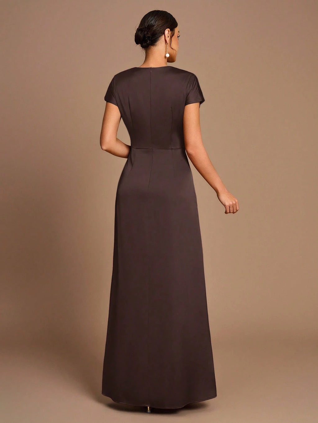 Belle Elegant Romantic Coffee Color Pleated Short Sleeve A-Line Split Bridesmaid Dress - image 10